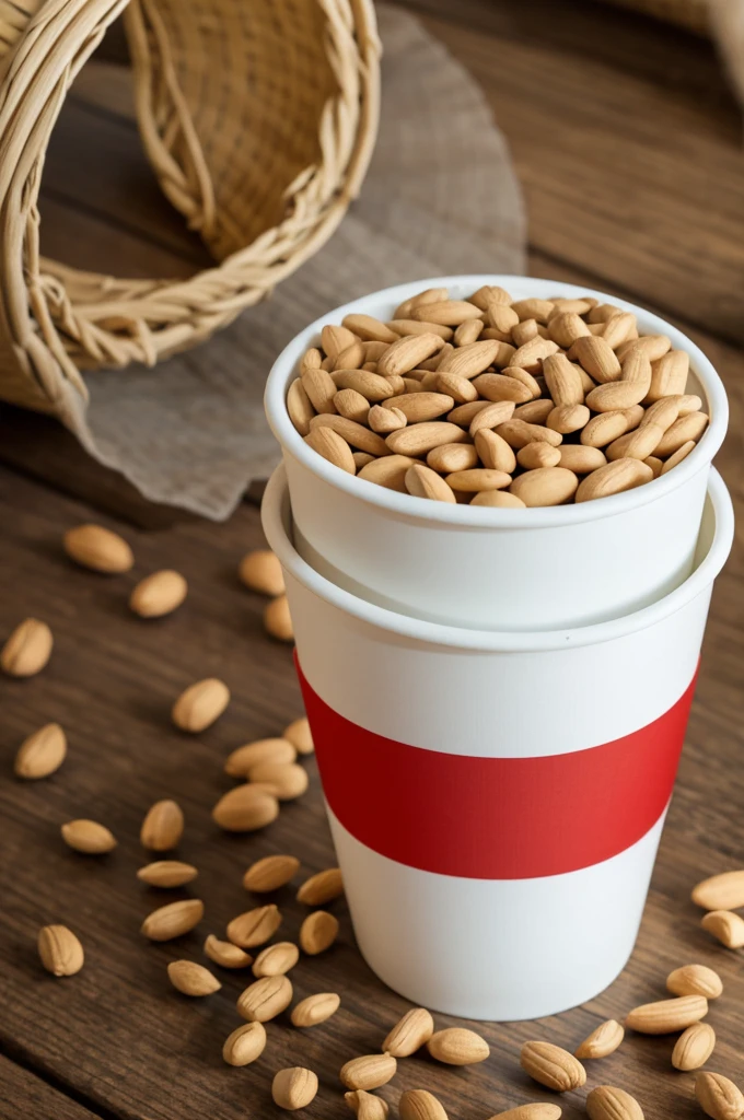 A biodegradable plastic cup with peanuts inside that is shaped like a basket and painted with the colors of the Costa Rican flag.