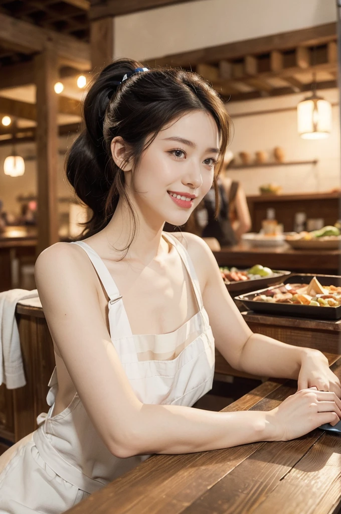 (((best quality))),(((ultra detailed))),(((masterpiece))),illustration,((1 beautiful young girl,solo)),((slim,thin)),((small breasts,flat chest)),(short ponytail:1.2),(laughing:1.2),stunning, radiant complexion, mesmerizing eyes,((sheer apron,bare arms)),frilly, domesticity, playfulness, colorful patches, vegetables, cooking utensils, whimsical,delicate features, gentle smile, perfectly aligned teeth, contentment, warmth, friendliness, vibrant atmosphere, bustling,barbecue restaurant, wooden panels, hanging plants, cozy, earthy feel, scent of sizzling meats, spices, patrons, tables, meals, laughter, lively ambiance, gleaming wooden counter, checkout counter, assortment of bills, receipts, cash register, calm, collected, typing, precision, simplicity, joy, hard work, hospitality, culinary delights,((from front,upper body))