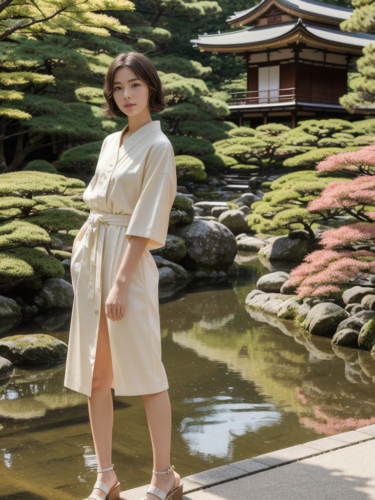 her name is Asako, high quality, 1girl, ((20-year-old fit Caucasian woman)), ((20 years old)), ((slim)), ((Wavy Bob)), doll face pose: standing, wearing stylish fashionable coquette wear different colored, BACKGROUND: In the serene gardens of Kyoto's Kinkaku-ji Temple