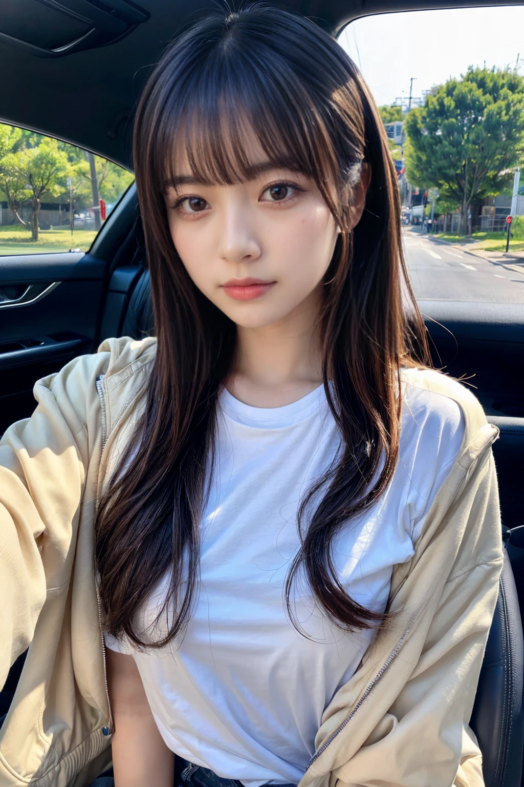 ((top-quality、8k、masterpiece:1.3))、Beautiful woman with perfect body:1.4、slim abdomen:1.2、Longhair, large breast, Highly detailed facial and skin texture, A detailed eye, delicate eyes, double eyelid, Heavy bangs, (jirai type fashion、jirai type makeup, Jirai Type Girl), Sparkling under-eye bags、red glitter eye makeup, ((in the car)), (sitting in the car), (((wearing white t-shirt with jacket)), looking in front