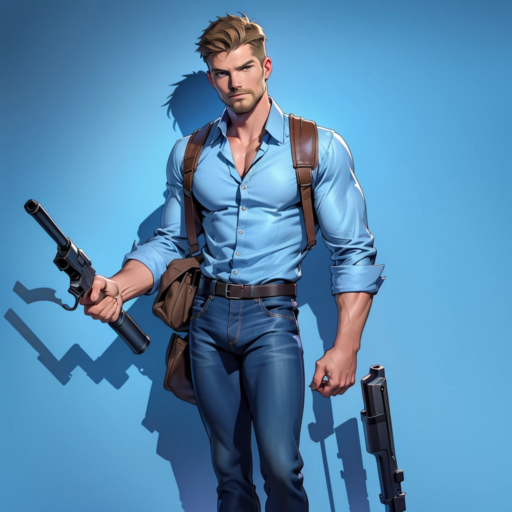 1 man, male focus solo, middle aged man,Stephen AMELL as private investigator, lean muscle,very light blue shirt, brown leather shoulder holster, faded vintage blue jeans with bulge, full body shot, dark blond short hair, facial hair, holding a gun with two hands, (gun:1.2), ultra high quality, masterpiece, low camera angle, intense splashed blue and white paint in the blackground