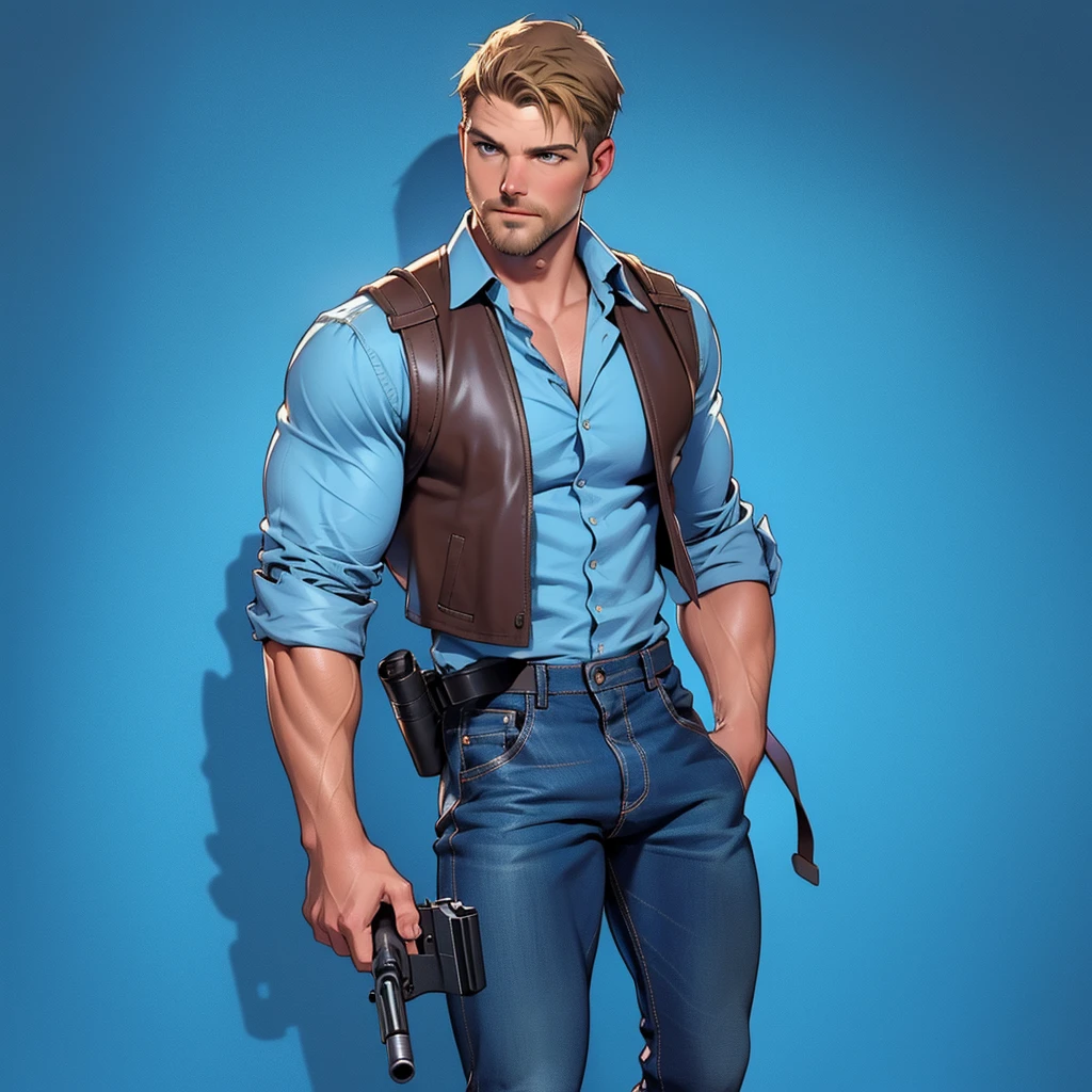 1 man, male focus solo, middle aged man,Stephen AMELL as private investigator, lean muscle,very light blue shirt, brown leather shoulder holster, faded vintage blue jeans with bulge, full body shot, dark blond short hair, facial hair, holding a gun with two hands, (gun:1.2), ultra high quality, masterpiece, low camera angle, intense splashed blue and white paint in the blackground