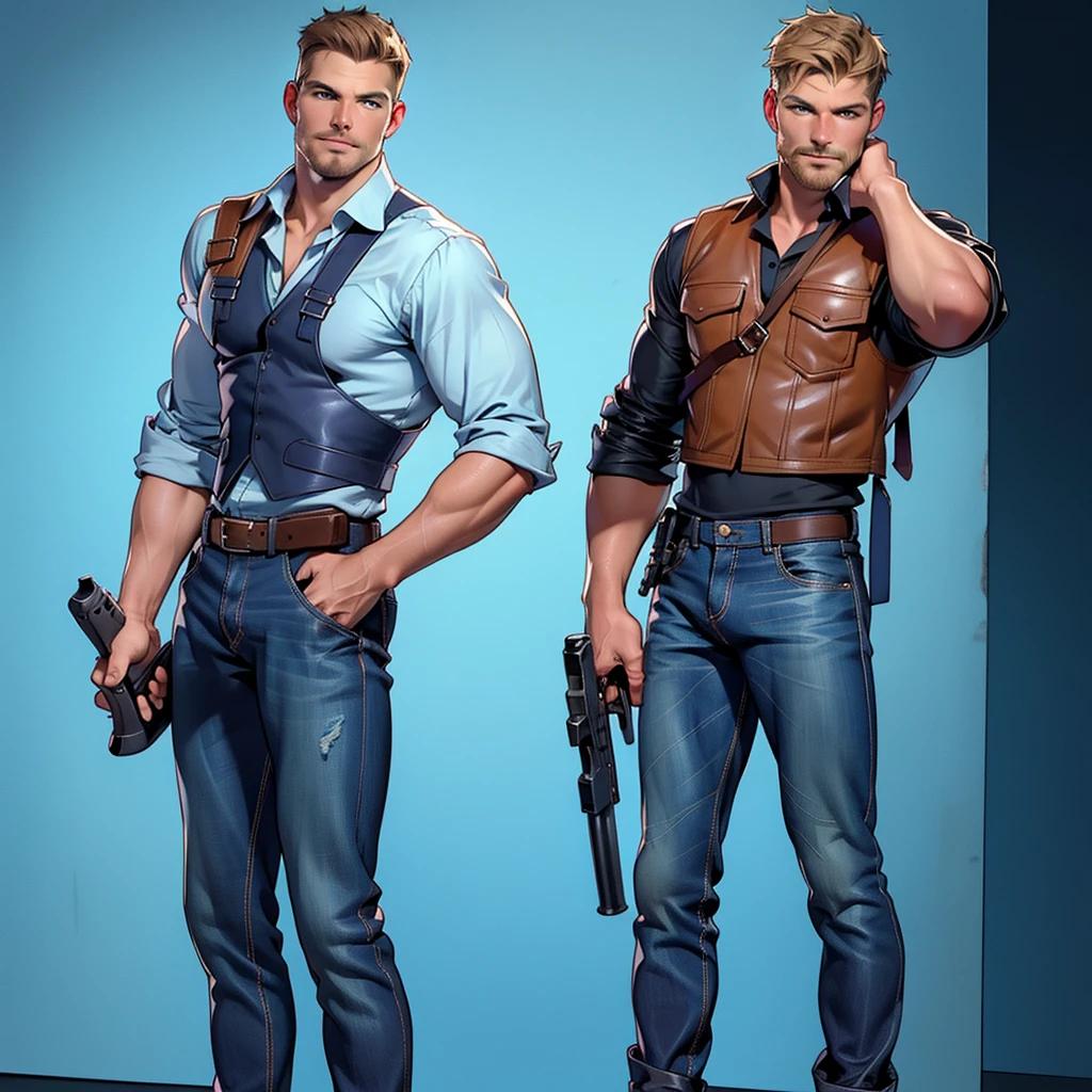 1 man, male focus solo, middle aged man,Stephen AMELL as private investigator,  lean muscle,very  light blue shirt, brown leather shoulder holster, faded vintage blue jeans with bulge, full body shot, dark blond  short hair, facial hair, holding a gun with two hands, (gun:1.2), ultra high quality, masterpiece, low camera angle, intense splashed blue and white paint in the blackground