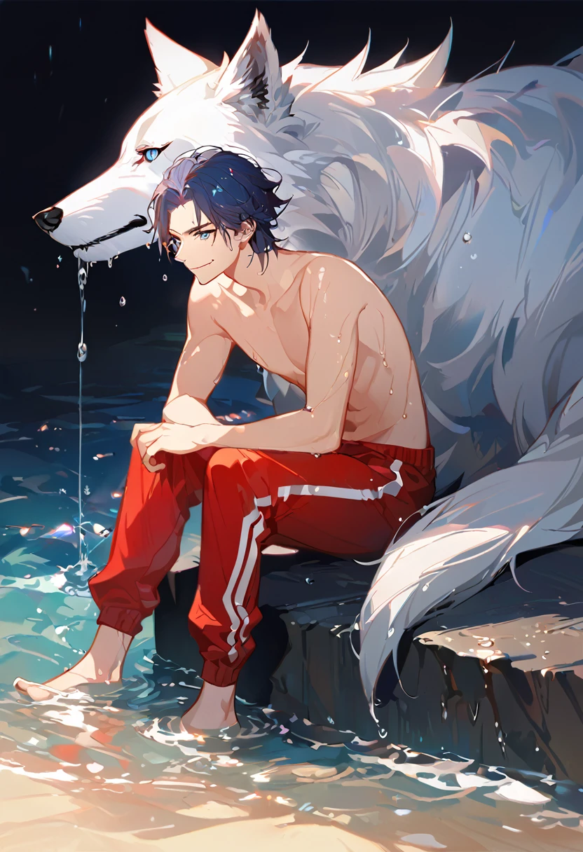 solo, ((male with short dark blue hair with red strip hair and dark blue hair with red gradient), (bare chest), (topless), (muscle), ( jogger pants), (wet), (dripping wet body and hair), (water dripping), (sitting), (one hand rest on the knee), (big white wolf resting on the back)), (bangs), (blue eyes with red gradient), (pale skin), (smirk), ((high quality)), (extremely detailed),8k, 4k, clean line art, detailed line art, resting on the big wolf, white big wolf, simple background, water background, dark background, not bulky, no top clothes, inspired by Asukaziye artist : ask, art style : ask