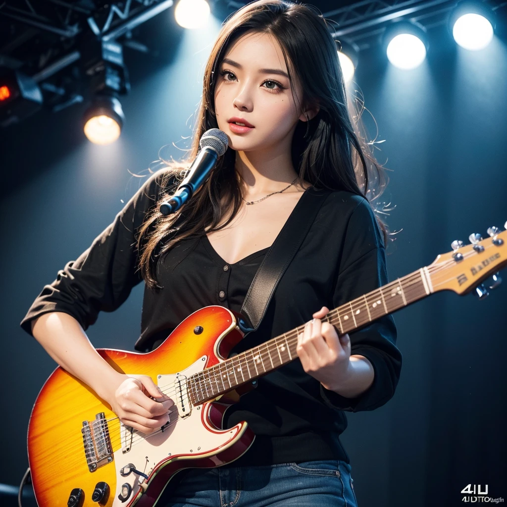 1girl,beautiful detailed eyes,beautiful detailed lips,extremely detailed eyes and face,longeyelashes,attractive girl guitarist,girl playing guitar,girl on stage,electric guitar,studio lighting,vibrant colors,warm lighting,photorealistic,full body,ultra-detailed,(best quality,4k,8k,highres,masterpiece:1.2),ultra-detailed,(realistic,photorealistic,photo-realistic:1.37),HDR,UHD,professional,vivid colors,bokeh
