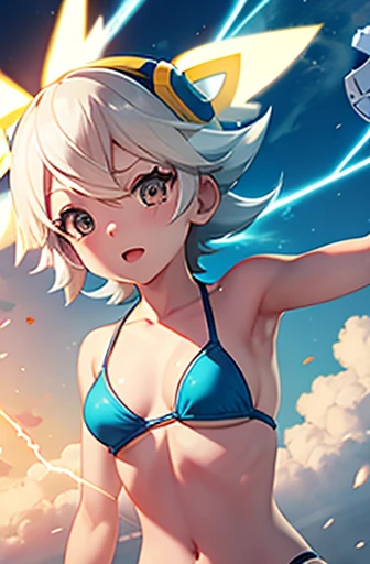 create a mascot inspired by the Pokémon togedemaru with electrified lightning and wearin a bikini