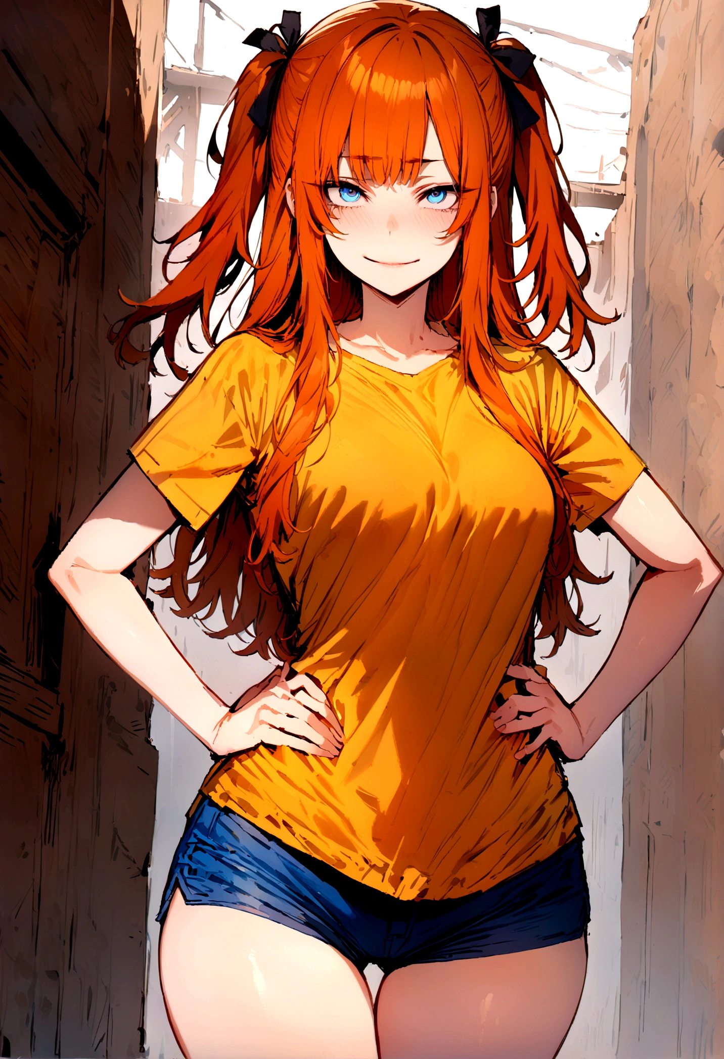 (masterpiece), best quality, expressive eyes, perfect face, 1girl, solo, blue eyes, dark orange Hair, Loose hair, hair ribbon, long hair, black ribbon, sidelocks, bangs two side up, smile, yellow shirt, short sleeves, blue short shorts, hands on hips looking at viewer,