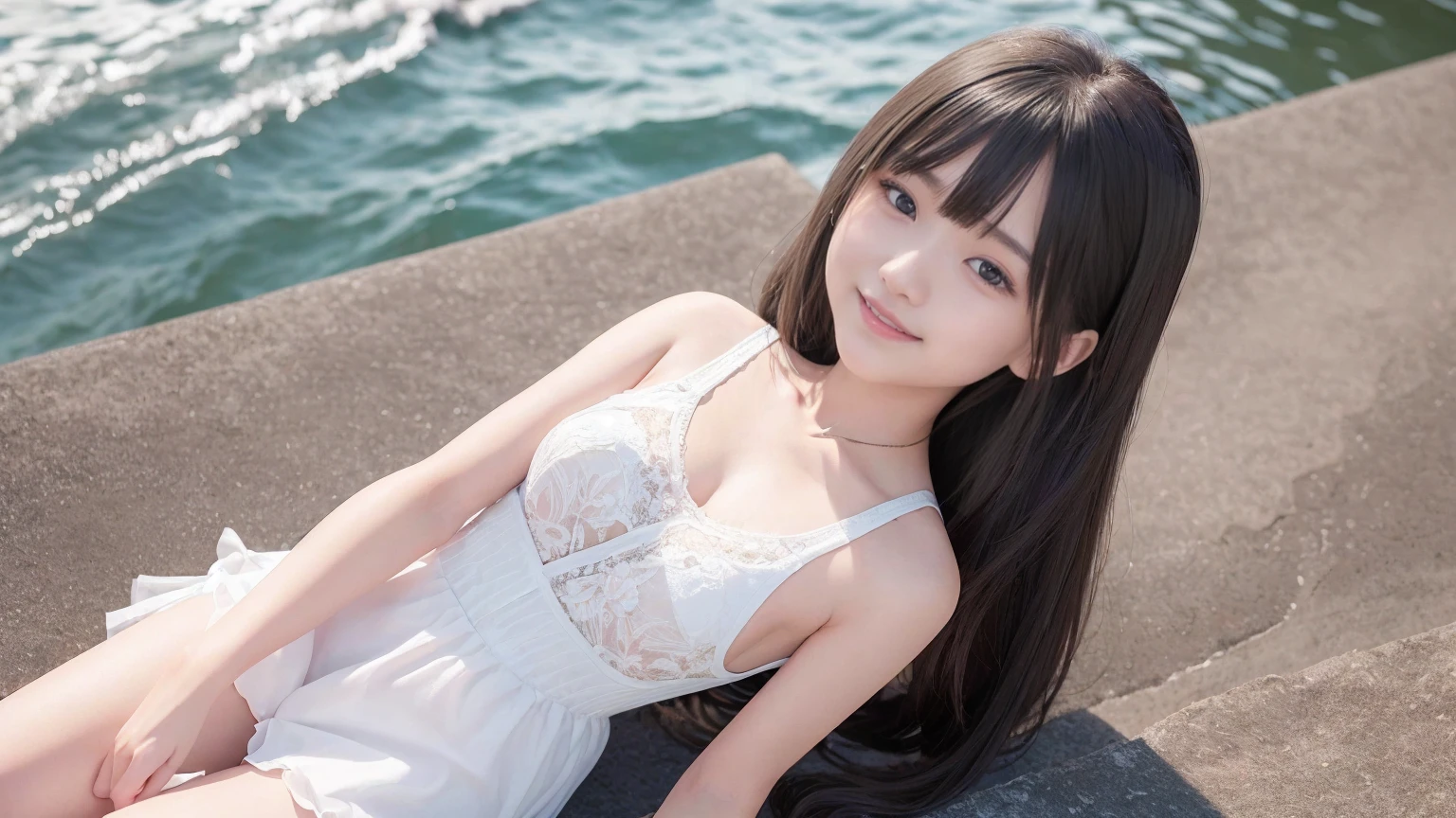 ((Attention to detail)),(Super detailed), 非常に詳細な CG ユニティ 8K 壁紙, beautiful girl, Highest quality, 8K, 、girl、Fluffy long hair、Summer outfit、Happy smile、sea