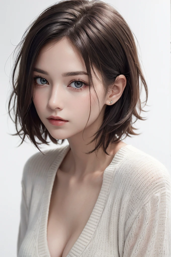8K Ultra HD、RAWphotograph、モデルphotograph撮影、 European Fashion、(masterpiece、Highest quality、Realistic、High resolution、photograph:1.3)、close、focus on、Hot Model、slim、30 year old mature woman、Small face、No makeup、short hair、Beautiful dark brown Hayne eyes、Genuineスキン、(Perfect body)、Sexy hot face、sexual sight、slim、cardigan、Long sleeve、Button up,Beautiful eyes in every detail、Glossy lips、((Bright light、Dynamic Lighting、Genuine、超Genuine、 realism、Genuineなディテール、Cool Beauty、Cool pose、Background white、Plain white background