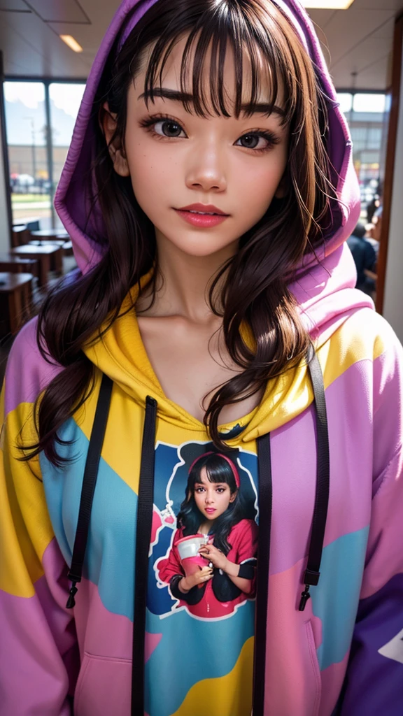 The image is a vibrant portrait of a young woman. She is wearing a colorful hoodie and has a confident expression on her face.