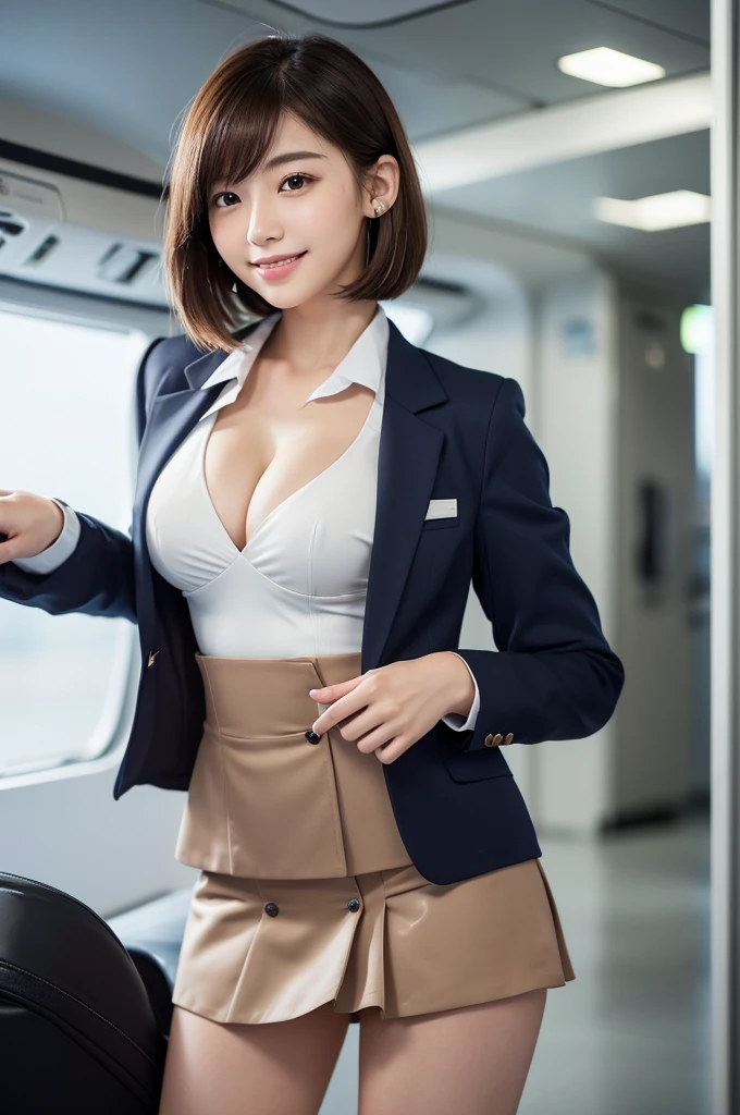 (8K, RAW Photos, Highest quality, masterpiece:1.2), Super detailed, Ultra-high resolution, (Realistic, Photorealistic:1.37), High-definition RAW color photos, Professional photos, Very delicate and beautiful, Very detailed, 8K壁紙, (Beautiful and detailed eyes)、(Beautifully detailed face),Anatomically correct body shape, Natural Light, (full body shot:1.22), woman、One person,Japanese、20-year-old, Brown Hair、Short Bob、 (A shy smile:1.3), Fine and beautiful skin、Skin Texture、 (Slim waist:1.2)、(E cup bust:1.21), (Showcasing cleavage:1.1)、(flight attendant suit and mini-skirt,:1.25), Sharp focus、The background is a realistic airport