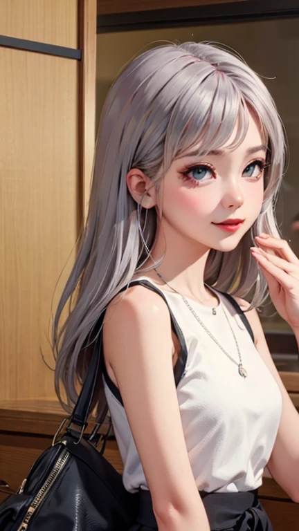 blush a little and smile, (Top quality masterpiece:1.2) Delicate illustrations, Very detailed, /Beautiful Japanese Women、1 person,Very cute and slim、Great style 、((8K images、super high quality))、Very delicate face, Skin and Hair、beautifule forehead、Red lipstick、(((((Mid-length hair、Silver Hair、lure))))),Very cute Japanese cut face、Eyes and nose are clearly visible、Kind eyes,((((Sleeveless fashion))))