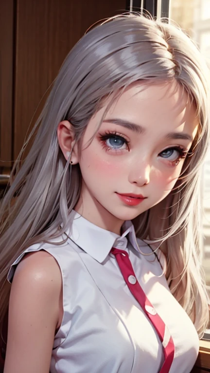 blush a little and smile, (Top quality masterpiece:1.2) Delicate illustrations, Very detailed, /Beautiful Japanese Women、1 person,Very cute and slim、Great style 、((8K images、super high quality))、Very delicate face, Skin and Hair、beautifule forehead、Red lipstick、(((((Mid-length hair、Silver Hair、lure))))),Very cute Japanese cut face、Eyes and nose are clearly visible、Kind eyes,((((Sleeveless fashion))))