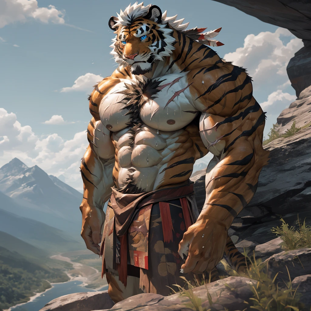 sweating a lot，muscular，Topless，Standing on the cliff at the top of the mountain，hairy，personification，chest hair，Serious face（scars in the face） Mature （blue eyes）Huge muscle ripped abs wild， The tiger of the tribal chief&#39;s son is young and vigorous