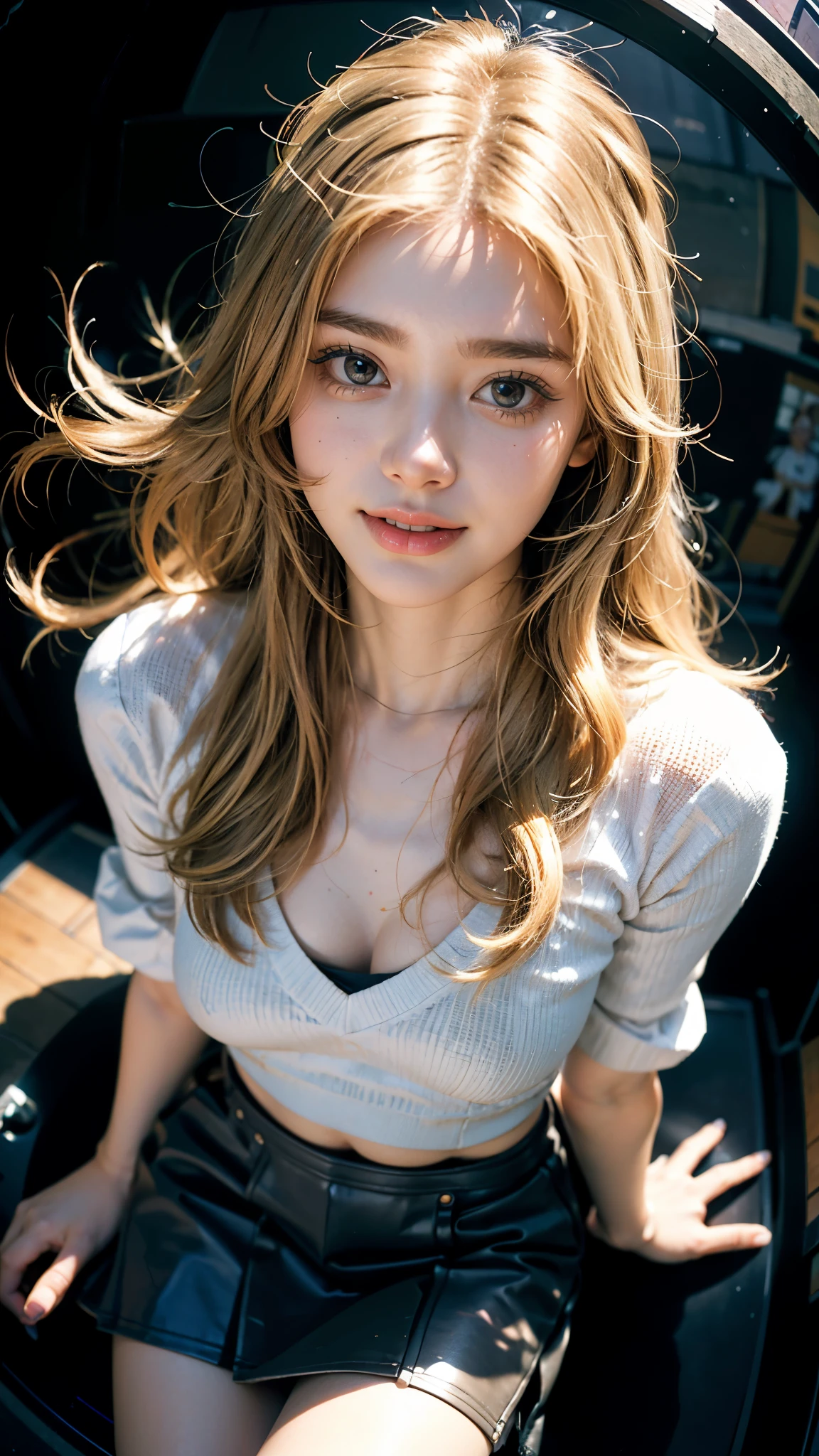 Highest quality, masterpiece, Ultra-high resolution,8K, (Realistic:1.6), (Make-up portrait:1.4) RAW Photos,((White blonde long hair with side parting)), Soft looking breasts,((Jet black blue mini skirt fashion)),((Up Facial)),((k-popアイドルメイク)),One girl,(smile, Showing teeth)), 26 talents,,((Looking up at the audience)),Face Focus:1.4,((Shooting from above with a fisheye lens:1.4)),