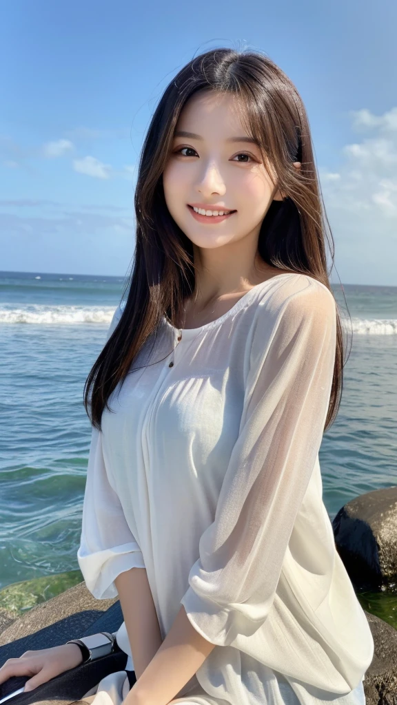 table top、(highest quality、4k、8k、High resolution、master piece: 1.2)、Super detailed、(real、photorealistic、photorealistic: 1.37)、full body shot、whiteTshirt、Complex and beautiful eyes、woman、long hair、natural color lip、bold and sexy pose、smile、Ocean、20 year old girl、Cute and sexy shot looking at the camera。