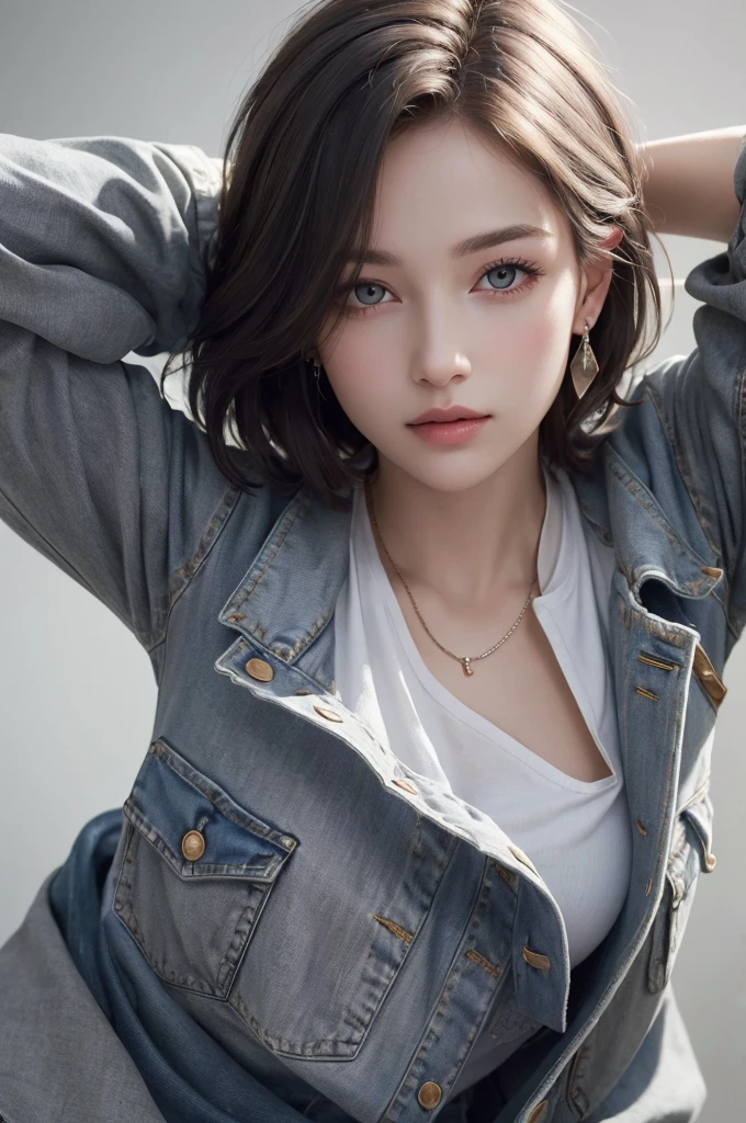 8K Ultra HD、RAWphotograph、モデルphotograph撮影、 European Fashion、(masterpiece、Highest quality、Realistic、High resolution、photograph:1.3)、close、focus on、Hot Model、slim、30 year old mature woman、Small face、No makeup、short hair、Beautiful dark brown Hayne eyes、Genuineスキン、(Perfect body)、Sexy hot face、sexual sight、slim、blouse、Denim Jacket、Long sleeve、Beautiful eyes in every detail、Glossy lips、((Bright light、Dynamic Lighting、Genuine、超Genuine、 realism、Genuineなディテール、Cool Beauty、Cool pose、Background gray、Plain gray background