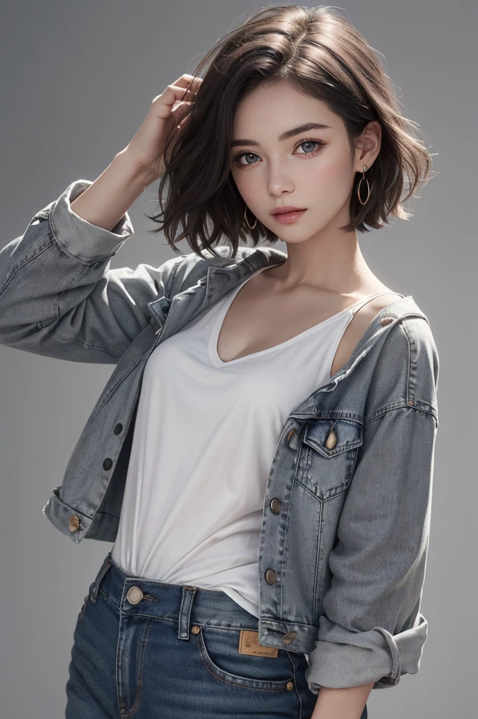 8K Ultra HD、RAWphotograph、モデルphotograph撮影、 European Fashion、(masterpiece、Highest quality、Realistic、High resolution、photograph:1.3)、close、focus on、Hot Model、slim、30 year old mature woman、Small face、No makeup、short hair、Beautiful dark brown Hayne eyes、Genuineスキン、(Perfect body)、Sexy hot face、sexual sight、slim、blouse、Denim Jacket、Long sleeve、Beautiful eyes in every detail、Glossy lips、((Bright light、Dynamic Lighting、Genuine、超Genuine、 realism、Genuineなディテール、Cool Beauty、Cool pose、Background gray、Plain gray background