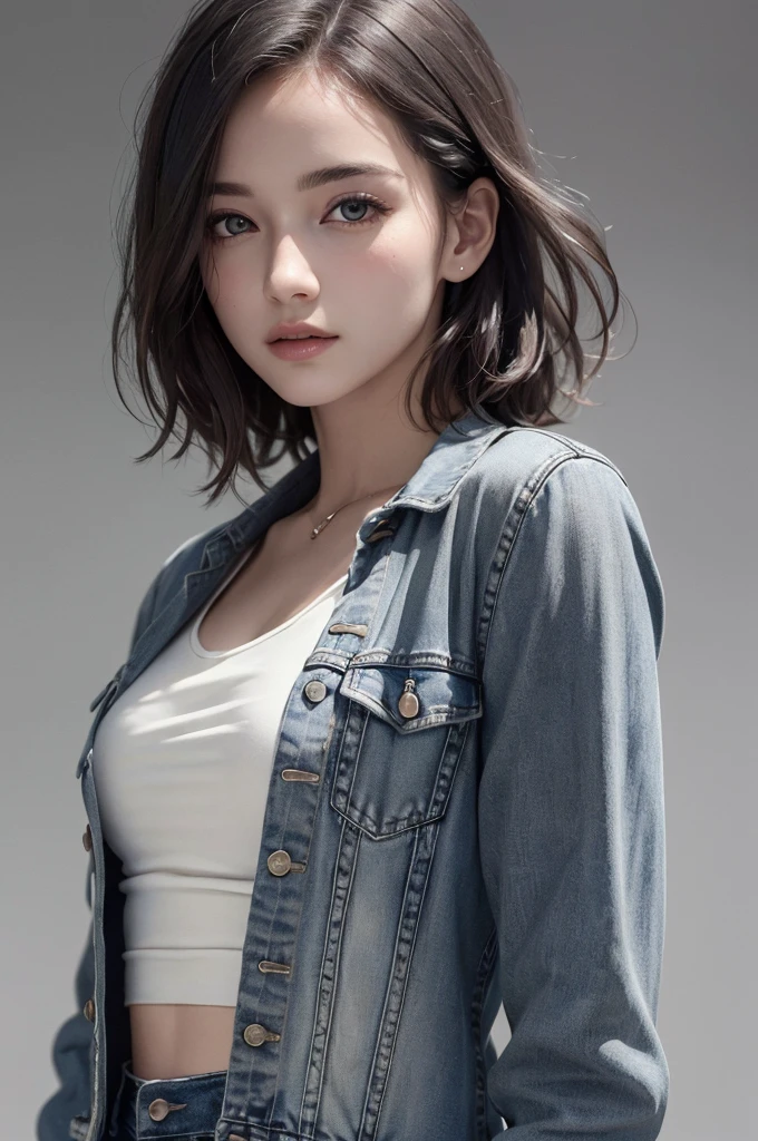 8K Ultra HD、RAWphotograph、モデルphotograph撮影、 European Fashion、(masterpiece、Highest quality、Realistic、High resolution、photograph:1.3)、close、focus on、Hot Model、slim、30 year old mature woman、Small face、No makeup、short hair、Beautiful dark brown Hayne eyes、Genuineスキン、(Perfect body)、Sexy hot face、sexual sight、slim、blouse、Denim Jacket、Long sleeve、Beautiful eyes in every detail、Glossy lips、((Bright light、Dynamic Lighting、Genuine、超Genuine、 realism、Genuineなディテール、Cool Beauty、Cool pose、Background gray、Plain gray background
