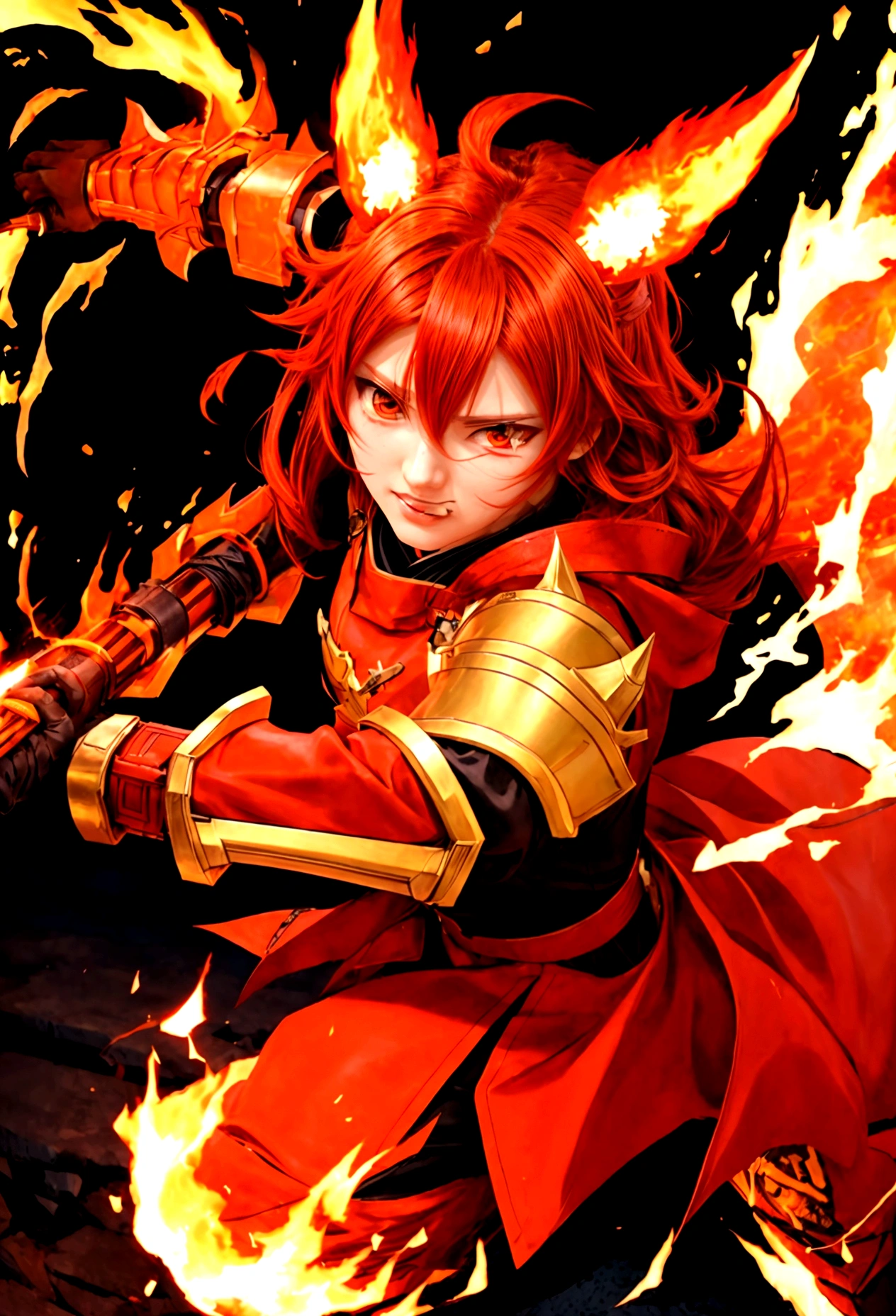 Anime girl with red hair and a flaming sword., Ayaka Genshin Impact, male protagonist  :8, Ryuko Matoi, ayaka game genshin impact, fire!! whole body, anime rudo 8k, fire mage, demon slayer art style, female protagonist, she has fire powers, demon slayer rui fanart, fire emblem, flame conjuring armored