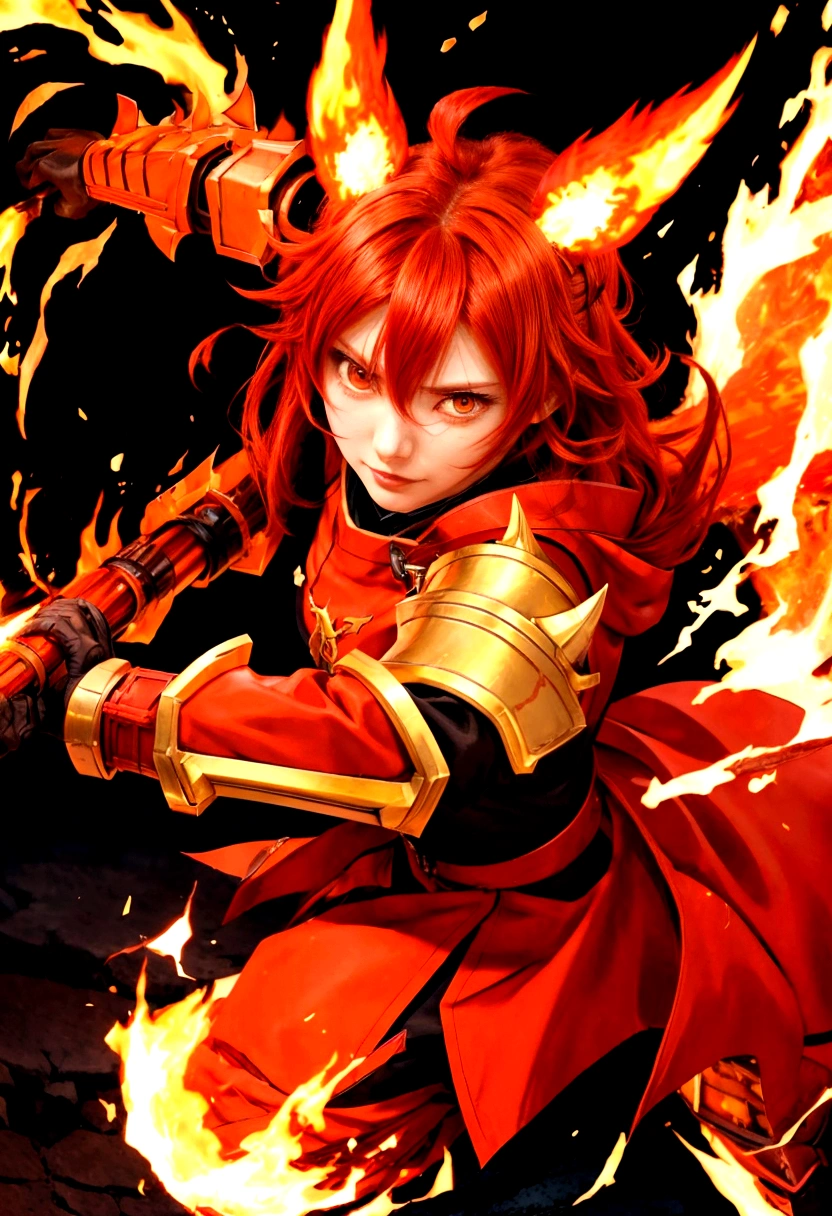 Anime girl with red hair and a flaming sword., Ayaka Genshin Impact, male protagonist :8, Ryuko Matoi, ayaka game genshin impact, fire!! whole body, anime rudo 8k, fire mage, demon slayer art style, female protagonist, she has fire powers, demon slayer rui fanart, fire emblem, flame conjuring armored