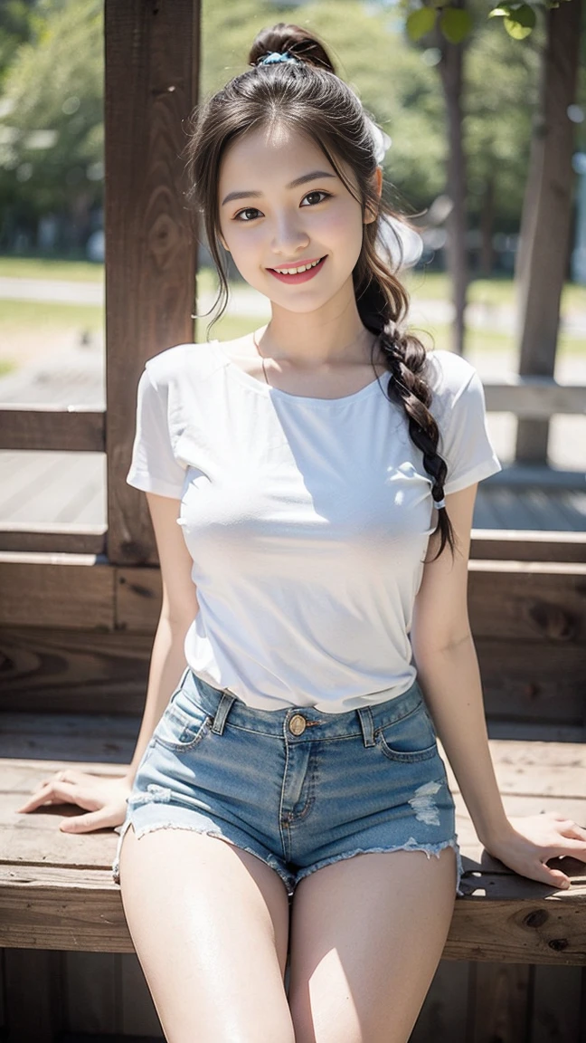 hyper harddisk, On the table, high quality, High Detail, best quality, high resolution, harddisk, 32k, 16K, 8K, 4K, The award-winning, Official Art, (A girl in the forest)rest, 超realism, realism, Depth of Field, light, Backlighting, symmetry, Bokeh, F/1.8, Eye level shooting, 35 mm, hasul express, Extremely delicate and beautiful, Extremely detailed, Astonishing, Fine details, On the table, best quality, Official Art, , Unbelievable and ridiculous, Huge file size, Extremely detailed, high resolution, Extremely detailed, Beautiful and delicate girl, (Cowboy shooting:1.25), rest, Tears of happiness, Tears, (Smiley Face:1.35), Extremely detailed eyes and Face, Beautiful and delicate eyes, There is light on the face, 17 years old, (Simple white T-shirt:1.5), (Blue mini shorts:1.5), Detailed long hair:1.2, Dark brown hair, Bangs, Fine hair, Fluffy hair, (slim:1.1), (Big breasts:1.5), (Full breasts:1.3), Perfect eyes, beautiful eyes, Lovely lips, Small waist, Calf, Perfect anatomical structure, Perfect proportion, beautiful, (Amusement park background:1.25, Detailed background), Trees, cloud, crowd, (Direct vision:1.4), (3/4 Subject Shooting:1.4), (Focus on the thighs:1.4), (Knees in frame:1.4), (Flashing thighs:1.4), (Flash all over:1.4), (Body front view:1.4), (Protruding breasts:1.4), (For the audience:1.4), (Messy long ponytail:1.5)