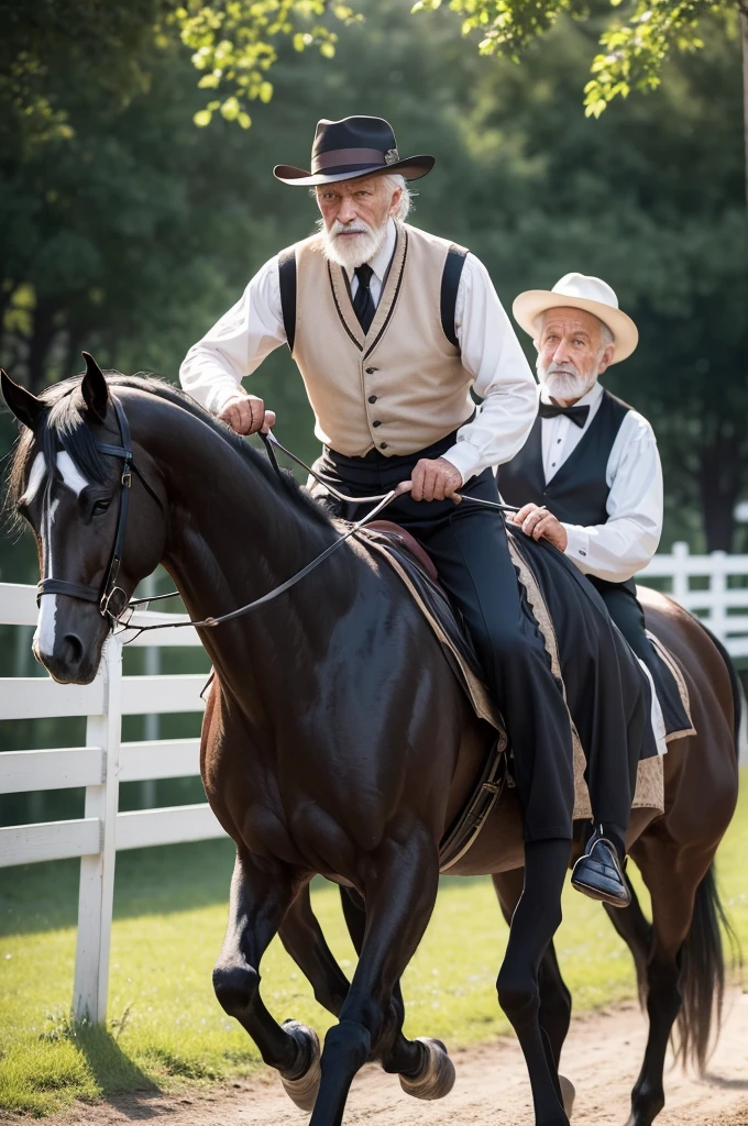 ```
Create a high-quality image depicting a man in his 70s pulling a black horse. The horse must have white legs. The scenario must be realistic and well detailed, showing the gentleman with facial expressions and clothing typical of an elderly person. Make sure the lighting and image composition are professional.
```
