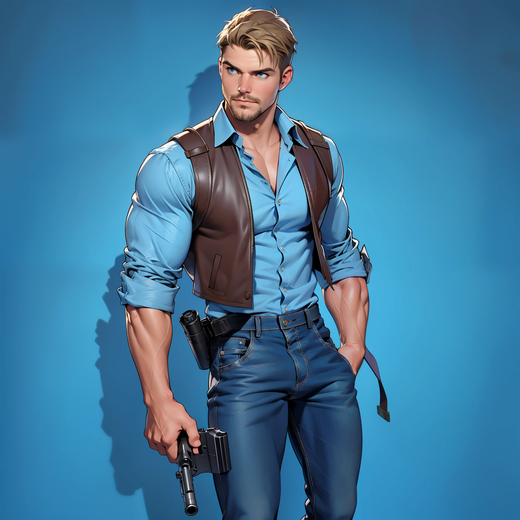 1 man, male focus solo, middle aged man,Stephen AMELL as private investigator, lean muscle,very light blue shirt, brown leather shoulder holster, faded vintage blue jeans with bulge, full body shot, dark blond short hair, facial hair, holding a gun with two hands, (gun:1.2), ultra high quality, masterpiece, low camera angle, intense splashed blue and white paint in the blackground