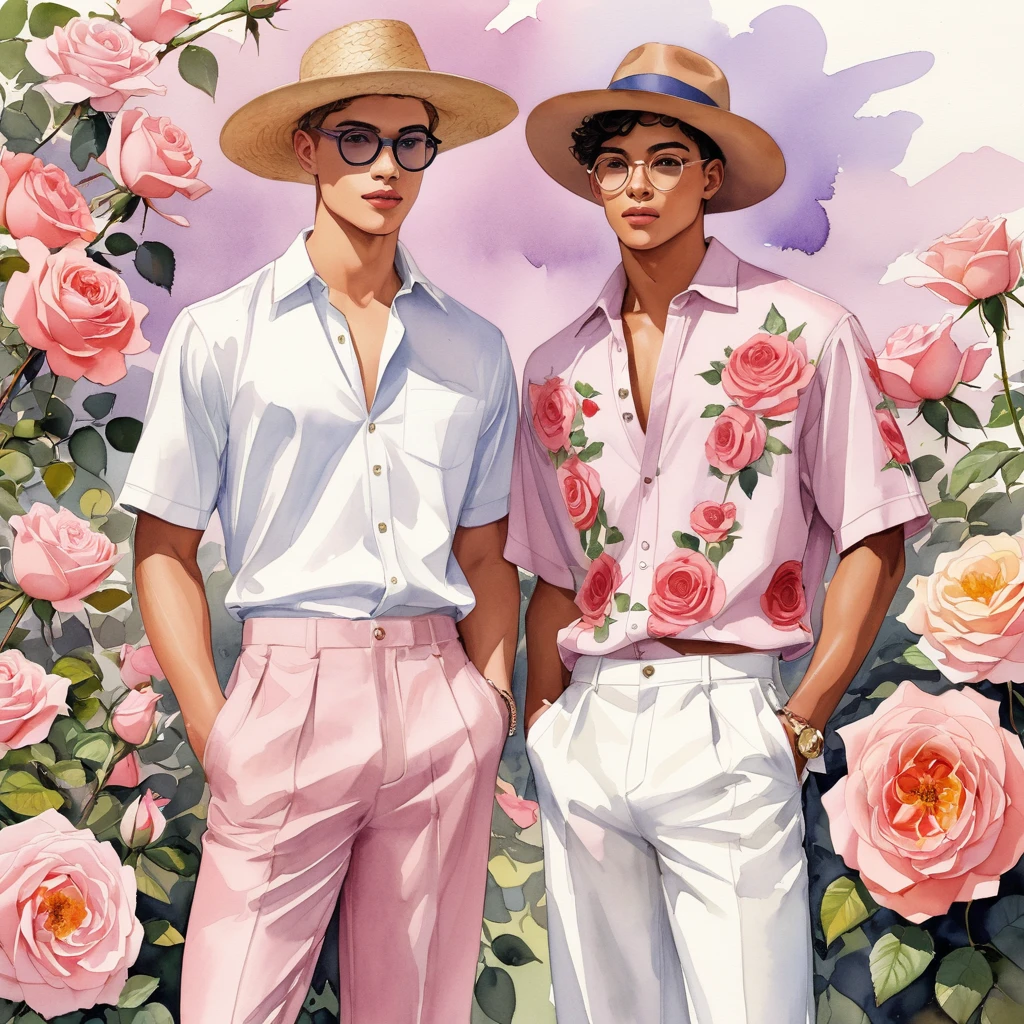 candid fashion illustration of young Mixed race 2man, both aged 18-23 year old, ((showcase fashion look book in linen outfits)), the design inspired by David Austin rose Emma Bridgewater, in elegant chic style. The man wears short-sleeved shirt with a rose embroidery details, paired with relaxed-fit white Sports Wide Leg Shorts Baggy style, He completes his look with white sneakers and round glasses. The boyfriend complements him in a  skinny fitted speedo in a stripe pattern, semi bulge, He resemble includes an accessorizes with a brimmed straw hat and white sneakers, Captured in a low angle, ((full-body image)), ((roses motifs background)), fashion sketching, realistic drawing, ((imperfect water color drawing background)), fashion look book, fashion illustrator, fashion sketch design, gay, gay couple, The Emma Bridgewater rose by David Austin, lovely variety characterized by colors, at first pink with a yellow button eye, then brighter coral-pink tones softening to mauve and lilac. The blooms are large, with many petals forming a classic, rosette shape. The color can range from a delicate, pale pink to a slightly deeper shade, depending on the growing conditions. This rose is appreciated for its charming appearance and delightful,