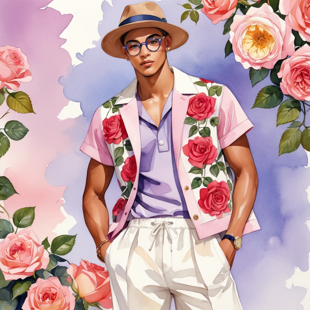 candid fashion illustration of young Mixed race 2man, both aged 18-23 year old, ((showcase fashion look book in linen outfits)), the design inspired by David Austin rose Emma Bridgewater, in elegant chic style. The man wears short-sleeved shirt with a rose embroidery details, paired with relaxed-fit white Sports Wide Leg Shorts Baggy style, He completes his look with white sneakers and round glasses. The boyfriend complements him in a  skinny fitted speedo in a stripe pattern, semi bulge, He resemble includes an accessorizes with a brimmed straw hat and white sneakers, Captured in a low angle, ((full-body image)), ((roses motifs background)), fashion sketching, realistic drawing, ((imperfect water color drawing background)), fashion look book, fashion illustrator, fashion sketch design, gay, gay couple, The Emma Bridgewater rose by David Austin, lovely variety characterized by colors, at first pink with a yellow button eye, then brighter coral-pink tones softening to mauve and lilac. The blooms are large, with many petals forming a classic, rosette shape. The color can range from a delicate, pale pink to a slightly deeper shade, depending on the growing conditions. This rose is appreciated for its charming appearance and delightful,