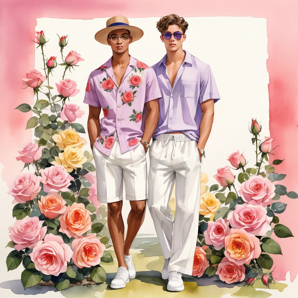 candid fashion illustration of young Mixed race 2man, both aged 18-23 year old, ((showcase fashion look book in linen outfits)), the design inspired by David Austin rose Emma Bridgewater, in elegant chic style. The man wears short-sleeved shirt with a rose embroidery details, paired with relaxed-fit white Sports Wide Leg Shorts Baggy style, He completes his look with white sneakers and round glasses. The boyfriend complements him in a skinny fitted speedo in a stripe pattern, semi bulge, He resemble includes an accessorizes with a brimmed straw hat and white sneakers, Captured in a low angle, ((full-body image)), ((roses motifs background)), fashion sketching, realistic drawing, ((imperfect water color drawing background)), fashion look book, fashion illustrator, fashion sketch design, gay, gay couple, The Emma Bridgewater rose by David Austin, lovely variety characterized by colors, at first pink with a yellow button eye, then brighter coral-pink tones softening to mauve and lilac. The blooms are large, with many petals forming a classic, rosette shape. The color can range from a delicate, pale pink to a slightly deeper shade, depending on the growing conditions. This rose is appreciated for its charming appearance and delightful,