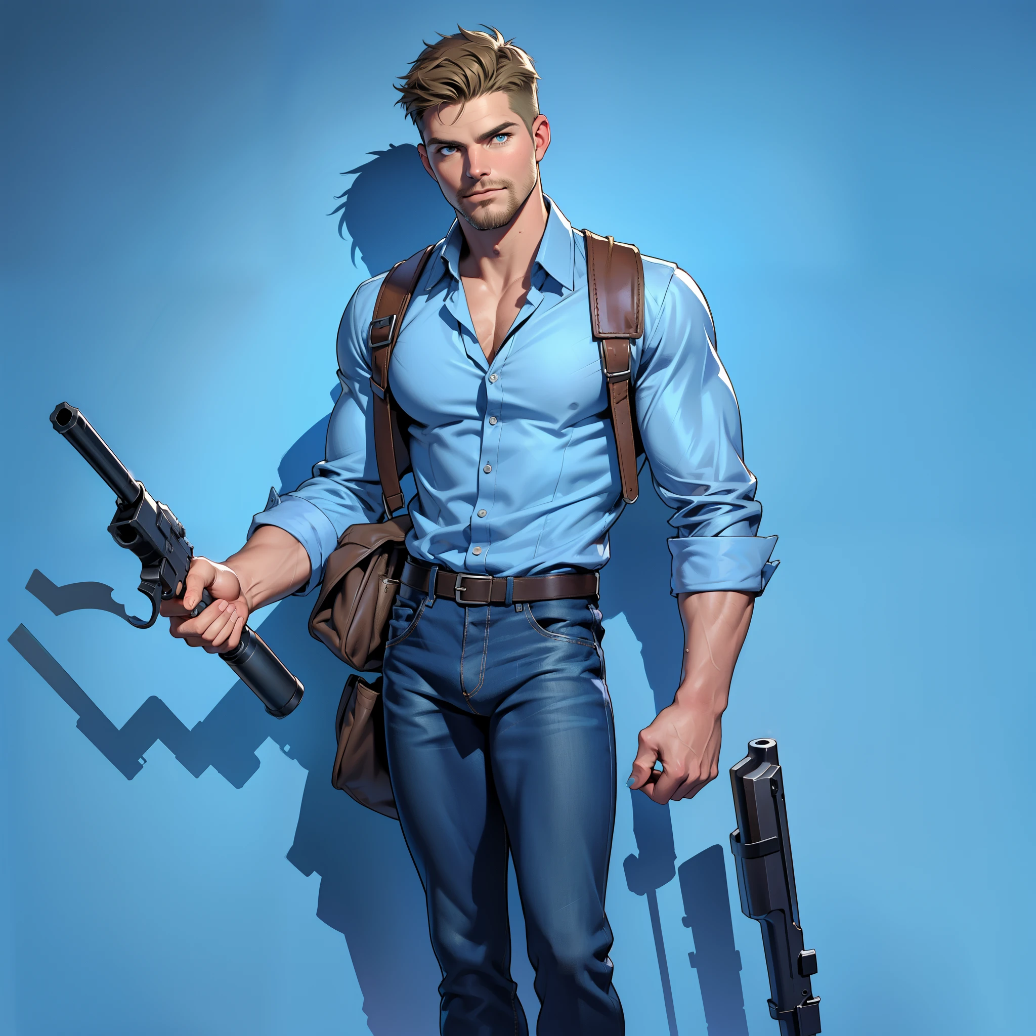 1 man, male focus solo, middle aged man,Stephen AMELL as private investigator, lean muscle,very light blue shirt, brown leather shoulder holster, faded vintage blue jeans with bulge, full body shot, dark blond short hair, facial hair, holding a gun with two hands, (gun:1.2), ultra high quality, masterpiece, low camera angle, intense splashed blue and white paint in the blackground