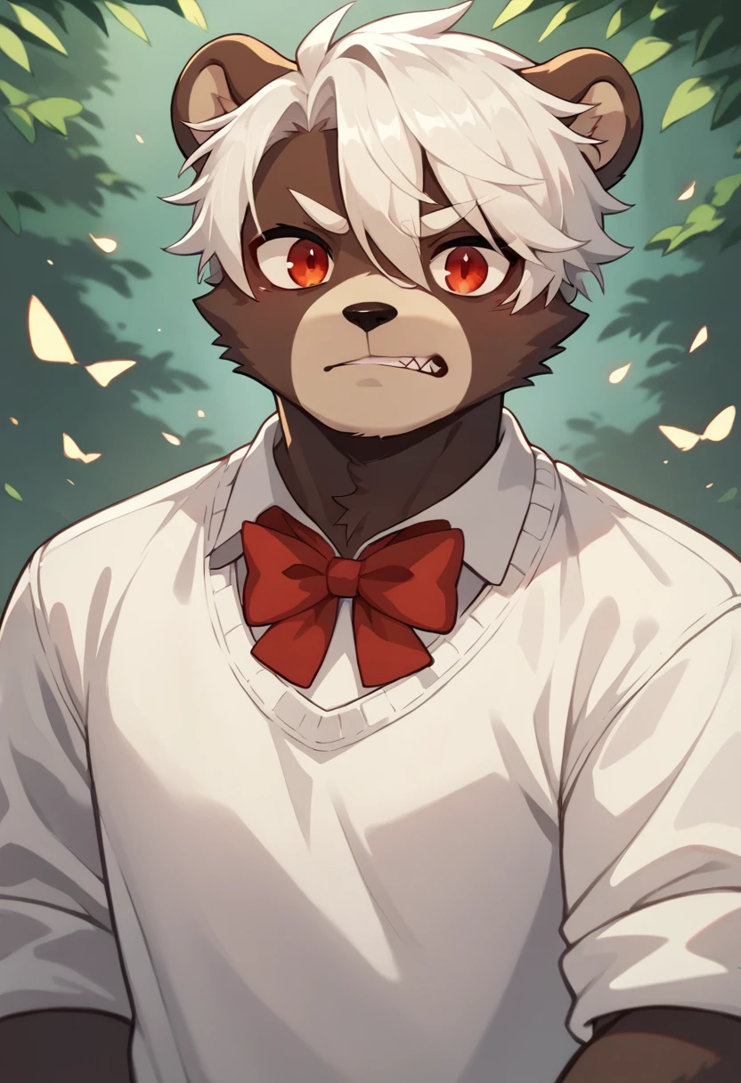 Draw a furry boy with bear ears and white hair and skin., have a white sweater, a bow on the neck and red eyes full of evil and in the background put hell itself with a lot of fire