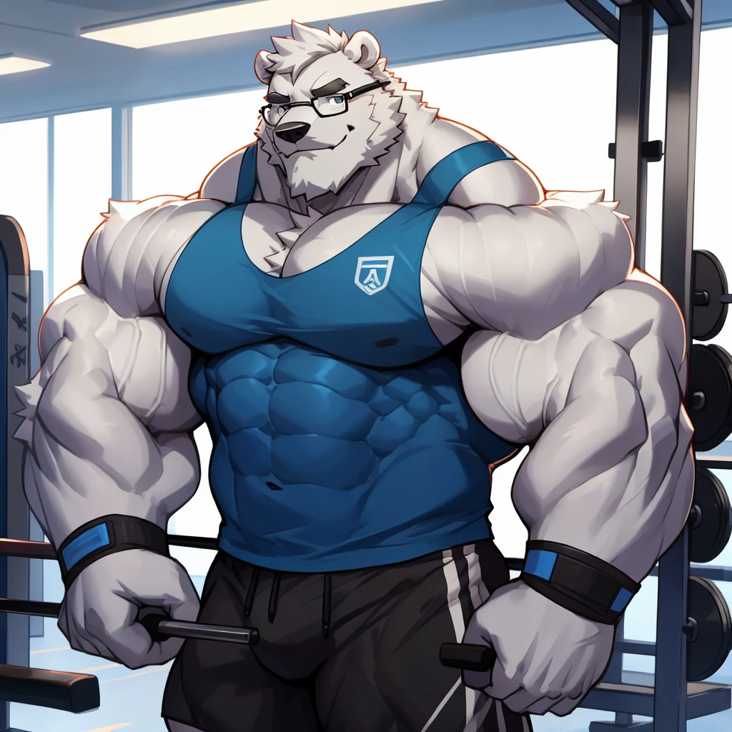 solo, 1boy, Huge Muscular White Polar Bear wearing glasses, huge white fur, pectoral, huge pectoral, wide pectoral, short white hair, blue colored short pants, blue colored wristbands and blue colored tank top, white bearded, white Mustache, white fur, black eyebrows, gym fitness center background, masterpiece, high detailed, 8k, high resolution, at the gym, flexes huge thorax, looking at the viewer, acting all hunk