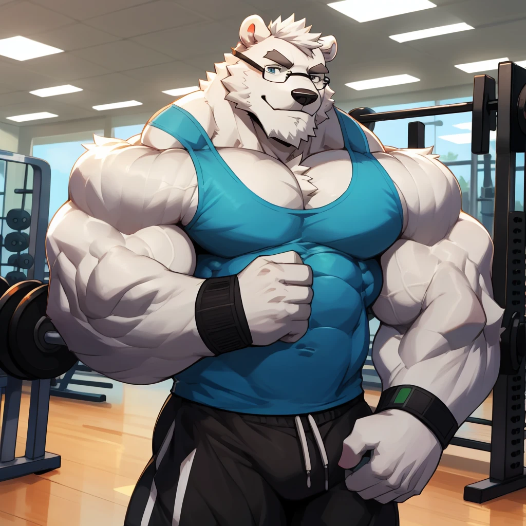 solo, 1boy, Huge Muscular White Polar Bear wearing glasses, huge white fur, pectoral, huge pectoral, wide pectoral, short white hair, blue colored short pants, blue colored wristbands and blue colored tank top, white bearded, white Mustache, white fur, black eyebrows, gym fitness center background, masterpiece, high detailed, 8k, high resolution, at the gym, flexes huge thorax, looking at the viewer, acting all hunk