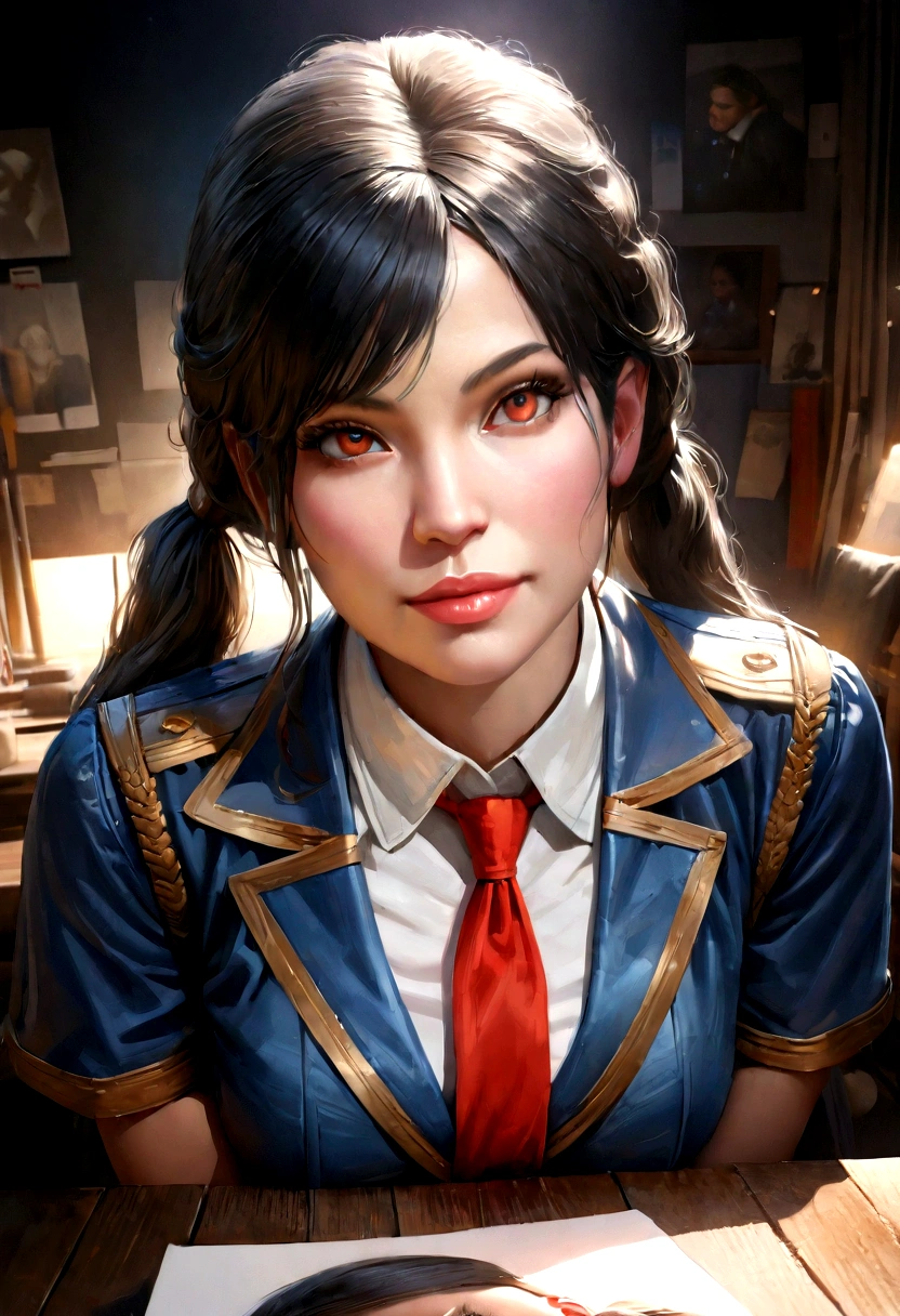 a beautiful young woman with long black hair in twin tails, beautiful detailed eyes, beautiful detailed lips, extremely detailed eyes and face, long eyelashes, wearing a blue blazer style uniform with tie and tight skirt, knee socks, standing in a anatomy club room, looking at the viewer with a sweet expression, surrounded by drawings of the human body on a blackboard, with a replica of the human bust on a table, (best quality, 4k, 8k, high resolution, masterpiece : 1.2), ultra-detailed, (realistic, photorealistic, photorealistic: 1.37 ), HDR, UHD, studio lighting, ultra-fine painting, sharp focus, physically based rendering, extreme detail depiction, professional, vivid colors, bokeh , portraits, photography, warm colors, dramatic lighting
