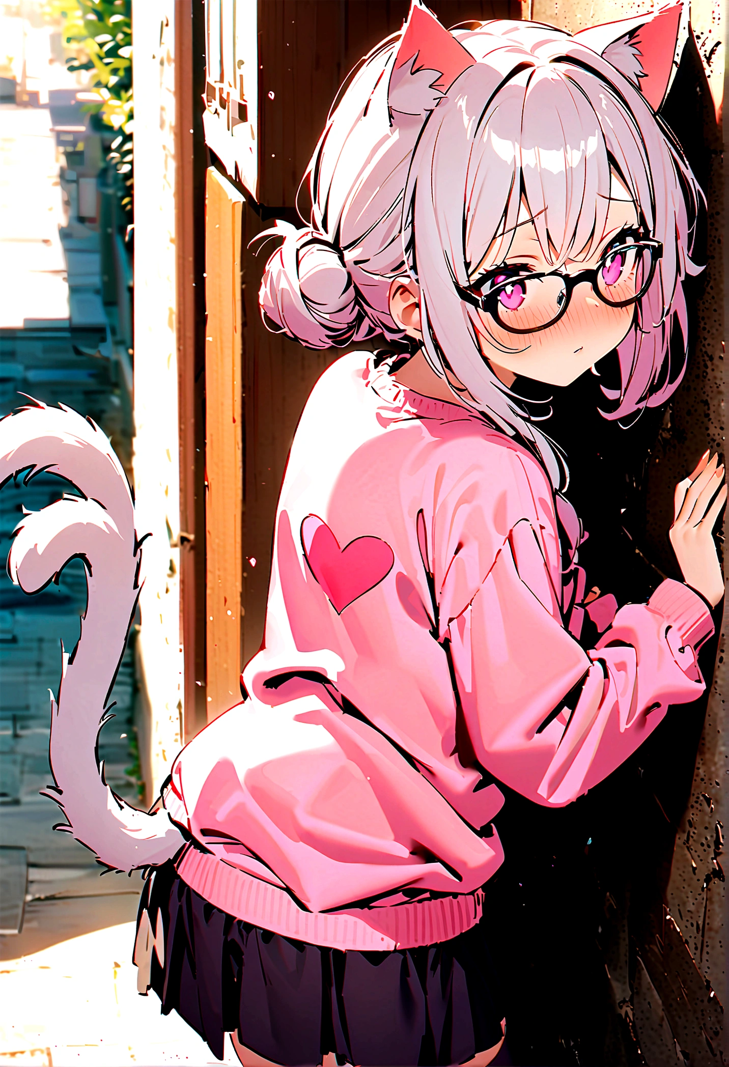 I have white pink hair, cat ears, a bun, my face is super blushing, black glasses, pink heart eyes, a big pink sweatshirt, a black skirt, black stockings, white shoes, a cat's tail, a girl. very shy that she is glued to a wall with her butt