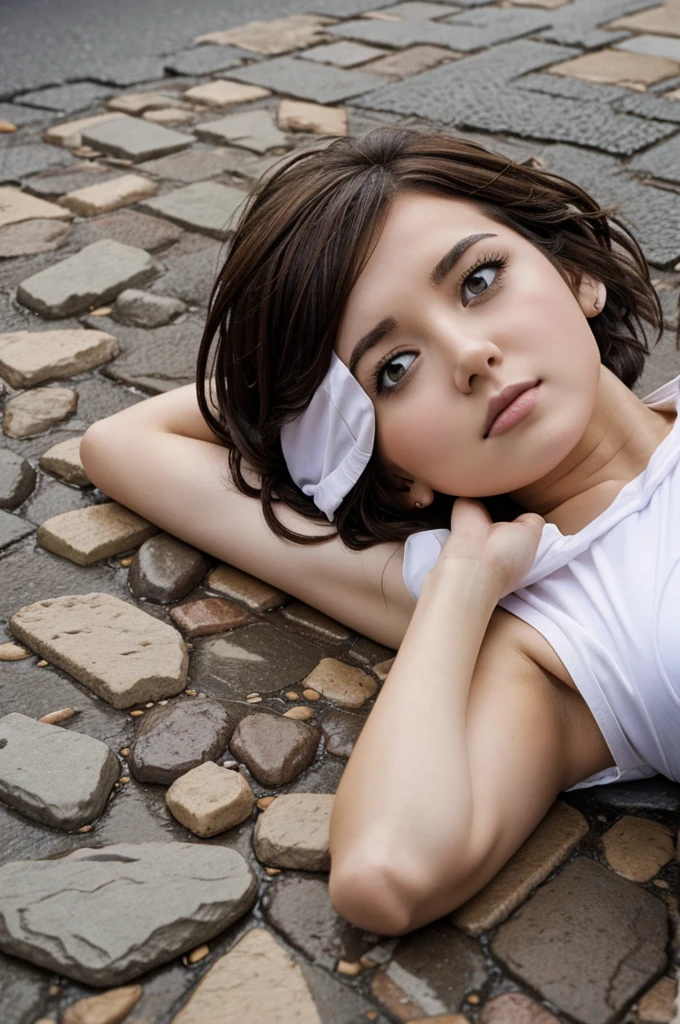 White girl with short brown hair, lying on a street made of stones and it rains too much and she is quite injured and anime version