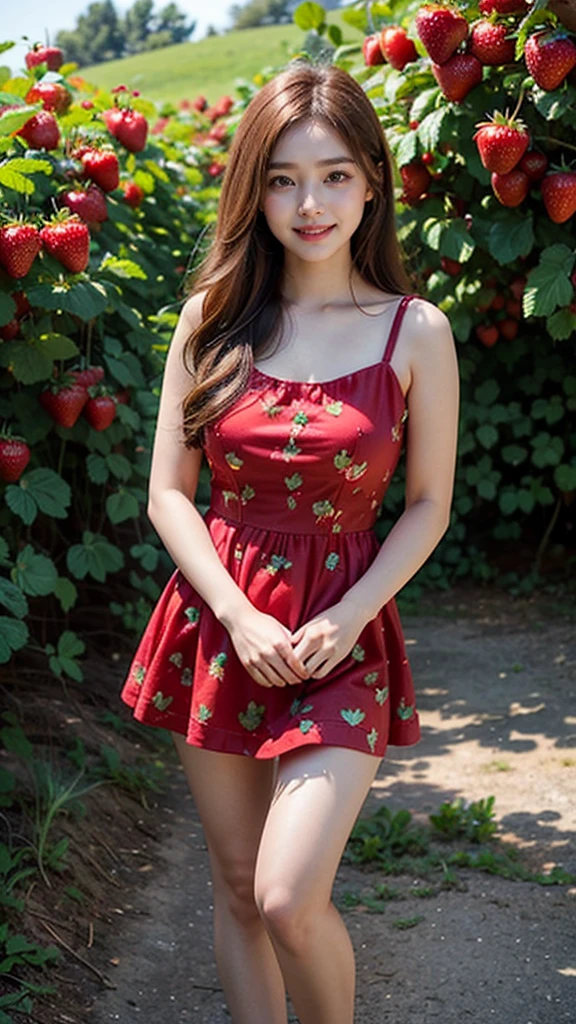 Beautiful Korean Girl, 1 Solo Girl, 20 years Girl, Beautiful Smile, ((smile: 1.2)), ((Masterpiece: 1.4)), ((Ultra HD Image quality)), ((Realistic: 1.2)), 64k, Natural Human Skin, Soft skin, CG unity 8k wallpaper, ray tracing, ((cinematic Photography, award winning photography)), ((Full body Shot)), ((Dim day light, cool Day)), High glow face, Superb beautiful face, High face texture, ((strawberry Red Frock)), ((in background clear details with strawberry plants, strawberry orchards, Strawberry big fields, red Colour Strawberries)), standing in orchards, beautiful angles, beautiful nature, very calm nature, peaceful nature, High resolution pictures, ((detailed girl)), ((Detailed background)), ((Detailed Face)), ((Detailed Dress)), ((detailed strawberry orchards)), ((Detailed nature)), Young Body, ((super Round Young breasts)), Perfect Figure, Slender, 