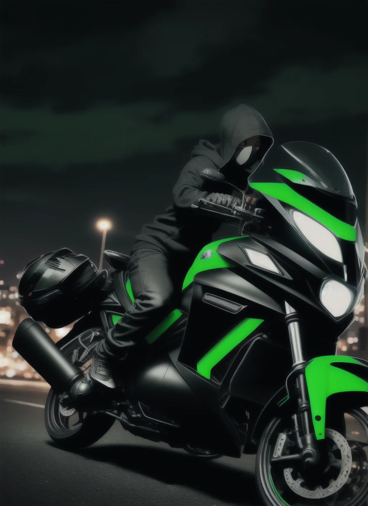 The background is a night view，male，Wearing a black hoodie，He is riding a large green motorcycle with his face hidden.，The camera faces sideways and backwards