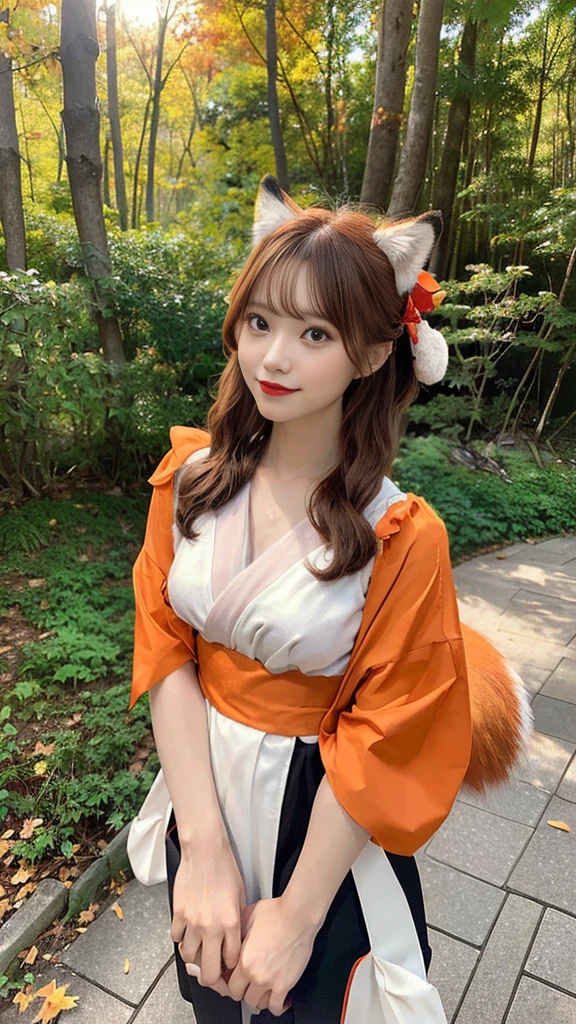 Two-shot photo of a girl and a fox,(Fantasia,Kitsune Yokai Four-Tailed Heavenly Fox,),(Girl and Fox Yokai: The Tale of the Four-Tailed Heavenly Fox),
(With a girl bent down deep in the forest and looking up,Fox Yokai Two-shot movie of a fox protecting a girl's back Poster of the four-tailed heavenly fox),
(natural soft light.)(Sunlight,),(Sunlight,),(Professional Lighting.),
(glossy light brown and orange two-tone color,,,,,,,Wave Shortcut Hair,disheveled hair,),japanese kimono,Geta,Cute round face red lipstick,A cute smile that makes the viewer happy,
autumn forest,Strong wind soaring over dead leaves
Digital Illustration,
(Photorealsitic:1.3),(Raw photo.),
(masutepiece,top-quality,Ultra-high resolution output image,)
(The 8k quality,),(Image Mode Ultra HD,),(Image Mode Ultra HD,),(Sea Art 2.1:1.3,),Japan Anime Fantasy,