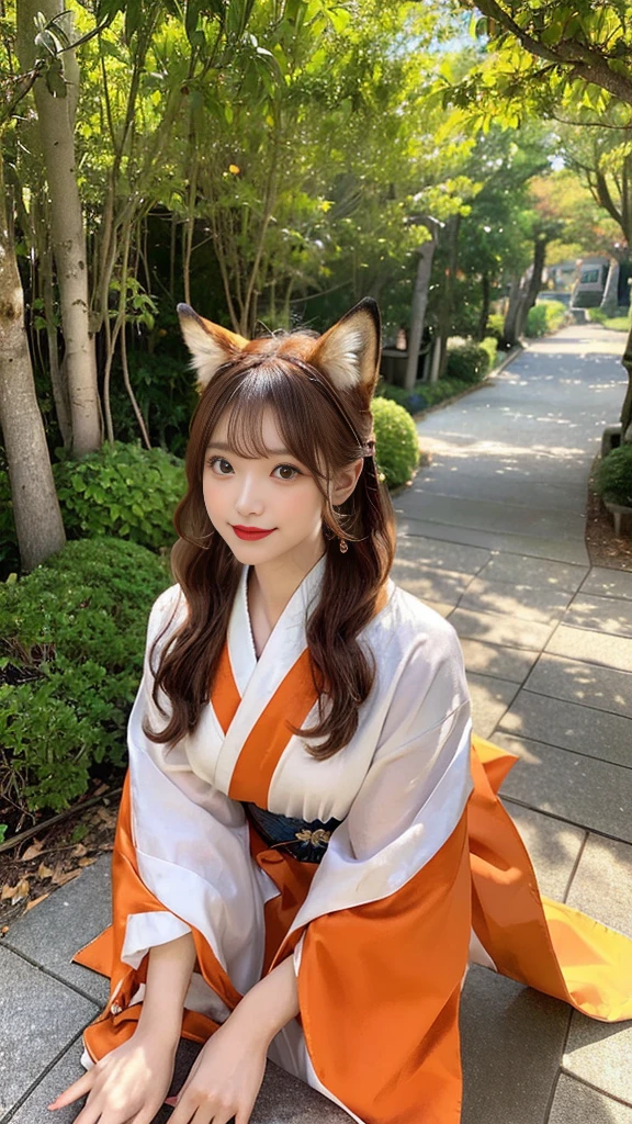 Two-shot photo of a girl and a fox,(Fantasia,Kitsune Yokai Four-Tailed Heavenly Fox,),(Girl and Fox Yokai: The Tale of the Four-Tailed Heavenly Fox),
(With a girl bent down deep in the forest and looking up,Fox Yokai Two-shot movie of a fox protecting a girl's back Poster of the four-tailed heavenly fox),
(natural soft light.)(Sunlight,),(Sunlight,),(Professional Lighting.),
(glossy light brown and orange two-tone color,,,,,,,Wave Shortcut Hair,disheveled hair,),japanese kimono,Geta,Cute round face red lipstick,A cute smile that makes the viewer happy,
autumn forest,Strong wind soaring over dead leaves
Digital Illustration,
(Photorealsitic:1.3),(Raw photo.),
(masutepiece,top-quality,Ultra-high resolution output image,)
(The 8k quality,),(Image Mode Ultra HD,),(Image Mode Ultra HD,),(Sea Art 2.1:1.3,),Japan Anime Fantasy,