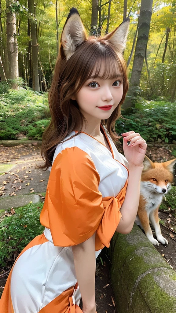 Two-shot photo of a girl and a fox,(Fantasia,Kitsune Yokai Four-Tailed Heavenly Fox,),(Girl and Fox Yokai: The Tale of the Four-Tailed Heavenly Fox),
(With a girl bent down deep in the forest and looking up,Fox Yokai Two-shot movie of a fox protecting a girl's back Poster of the four-tailed heavenly fox),
(natural soft light.)(Sunlight,),(Sunlight,),(Professional Lighting.),
(glossy light brown and orange two-tone color,,,,,,,Wave Shortcut Hair,disheveled hair,),japanese kimono,Geta,Cute round face red lipstick,A cute smile that makes the viewer happy,
autumn forest,Strong wind soaring over dead leaves
Digital Illustration,
(Photorealsitic:1.3),(Raw photo.),
(masutepiece,top-quality,Ultra-high resolution output image,)
(The 8k quality,),(Image Mode Ultra HD,),(Image Mode Ultra HD,),(Sea Art 2.1:1.3,),Japan Anime Fantasy,