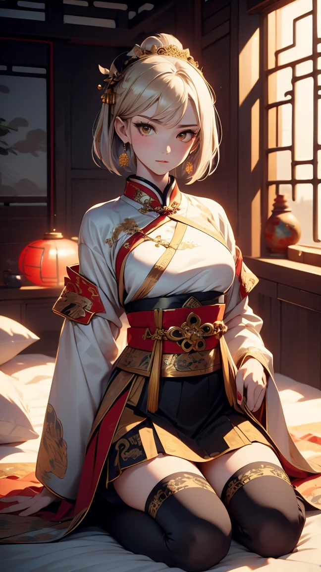 A very beautiful 19-year-old woman, (white hair:0.3), bob haircut, short hair, (yellow eyes:0.5) bright golden eyes, red nails, young beautiful face, muscular, slim but well-proportioned body, perfect white skin, highly detailed drawing, realistic face. (((Wearing traditional Chinese imperial clothes, ornately decorated in gold with black details:1))) ((red skirt with golden details,)) (with red Hanafuda earrings,) (garterbelt black thigh-high socks.) Kneeling on a white bed in an ancient Chinese room, with a full moon and stars visible through the window at night, with light flashes refleting on hear body. 4k anime ART, perfect lighting