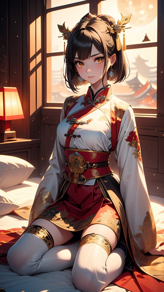A very beautiful 19-year-old woman, (white hair:0.3), bob haircut, short hair, (yellow eyes:0.5) bright golden eyes, red nails, young beautiful face, muscular, slim but well-proportioned body, perfect white skin, highly detailed drawing, realistic face. (((Wearing traditional Chinese imperial clothes, ornately decorated in gold with black details:1))) ((red skirt with golden details,)) (with red Hanafuda earrings,) (garterbelt black thigh-high socks.) Kneeling on a white bed in an ancient Chinese room, with a full moon and stars visible through the window at night, with light flashes refleting on hear body. 4k anime ART, perfect lighting