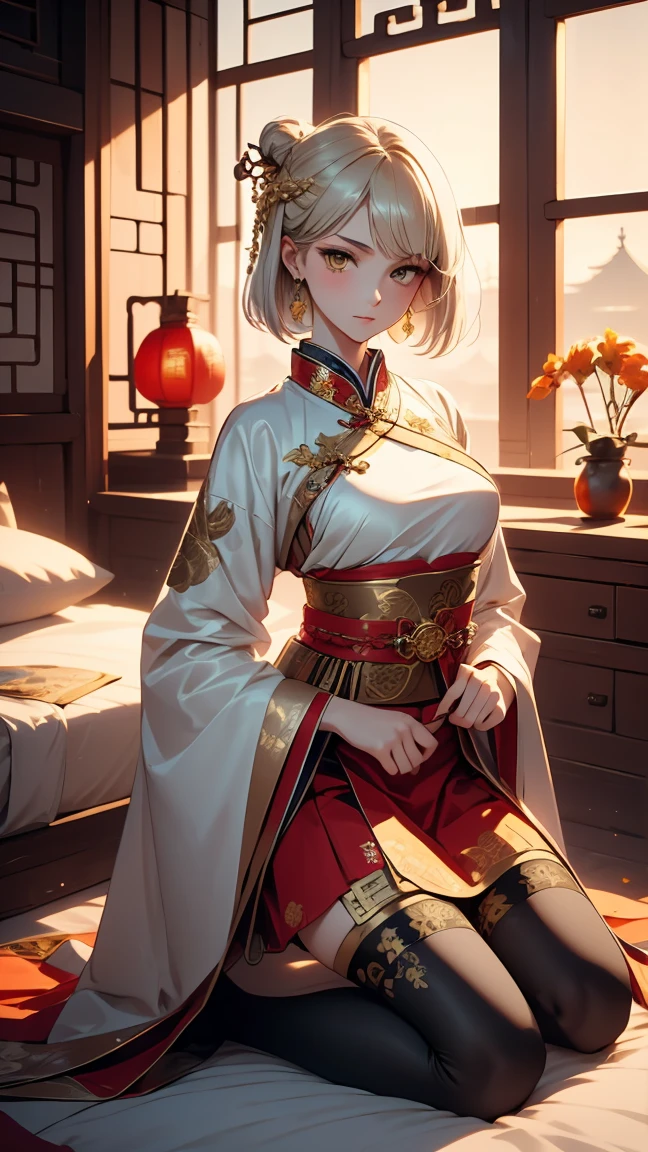 A very beautiful 19-year-old woman, (white hair:0.3), bob haircut, short hair, (yellow eyes:0.5) bright golden eyes, red nails, young beautiful face, muscular, slim but well-proportioned body, perfect white skin, highly detailed drawing, realistic face. (((Wearing traditional Chinese imperial clothes, ornately decorated in gold with black details:1))) ((red skirt with golden details,)) (with red Hanafuda earrings,) (garterbelt black thigh-high socks.) Kneeling on a white bed in an ancient Chinese room, with a full moon and stars visible through the window at night, with light flashes refleting on hear body. 4k anime ART, perfect lighting
