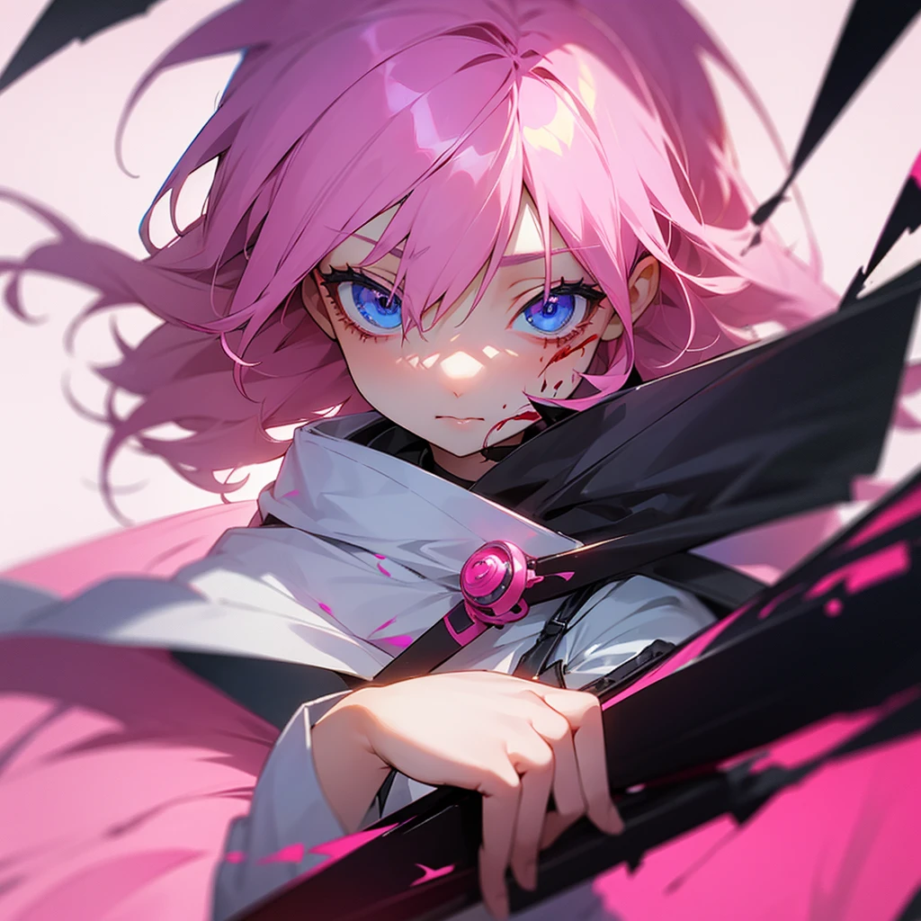 Girl with pink hair, blue eyes, wounded and bleeding without an eye