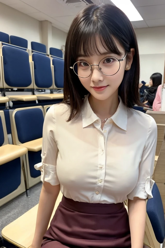 Adult feminine sex appeal、Sexy female scholar、Surrounded by female college students、University lecture hall, university psychology associate professor, ((full body)), ((photo)), ((best qualtiy, 8K, tmasterpiece:1.3)), Focus:1.2, perfect figure beautiful woman:1.41woman, cowboy shot, look at viewer, eyes facing the camera, incredibly absurd, beautiful and cute woman with a photorealistic face, showcasing top-quality craftsmanship, A Japanese woman giving a lecture at a university lecture hall, 27 years old, with a bob cut and flipped hair, short bangs swept at an angle, smooth and shiny hair, natural hairline, fair and smooth skin, plump and healthy cheeks, large, jet black eyes, round eyes, long and upward-facing eyelashes, double eyelids, thin and straight eyebrows, small and round nose, plump lips, upturned corners of the mouth, charming smile, cute face, glamorous, well-balanced proportions, tall, beautiful D-cup breasts, silver-rimmed glasses, pink blouse, black tight skirt, fashion with a waist-marked silhouette, scarf, heeled shoes, vanilla perfume, beautiful, pretty older woman, glasses suit her, knowledgeable, playful, curious, smart, elegant, November