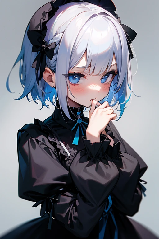 Short white hair, blush, Gothic Lolita、Punk Fashion、Headbang 2.、Blue and black clothes、Braiding、