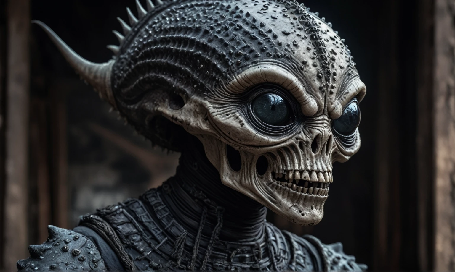 full body length shot,nerd graphite  Alien Entity,native africa slave ,azctec psychiatric clinic,Cinematic,soft colors, Technicolor,natural skin textures, hyper realism, hyper detailed,Extremely detailed,High contrast,Masterpiece,Realistic,Ultra Detailed, intricate details,realistic humid leather,extremely intricate details,Epic Realistic, cinematic style, irina yermolova,high contrast,hdr,extremely detailed, [deep night landscape],masterpiece, intricate details, eyes extremely detailed, high detailed eyes,8k resolution,retina, Nikon Z9,orc,Egyptian, Pisces, transition between two art styles, Double contact, X-ray, Creative, vivid light, fantasy, Abstract, Surrealism, super detailed, high resolution,insanity national folk wear,skin  almost translucent, gothic elements, further emphasizing its dark air,Mestichino,Light particles,chaos,starfish's leather,Cambodia,"(The best lighting, dark, dramatic),(alien Mulan's half-skull fetus, Hellraiser, Scars, , sexy brain, , a rat inside the head, terror.),(ominous and strange eyes, calaveras). morning light, indoor psychiatric clinic

